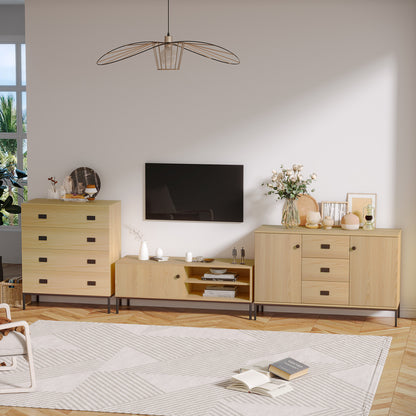 Kitchen Buffet Storage Cabinet 2 Cupboards Adjustable Shelf 3 Drawers Contemporary Style - 120 x 39.5 x 77 cm Natural