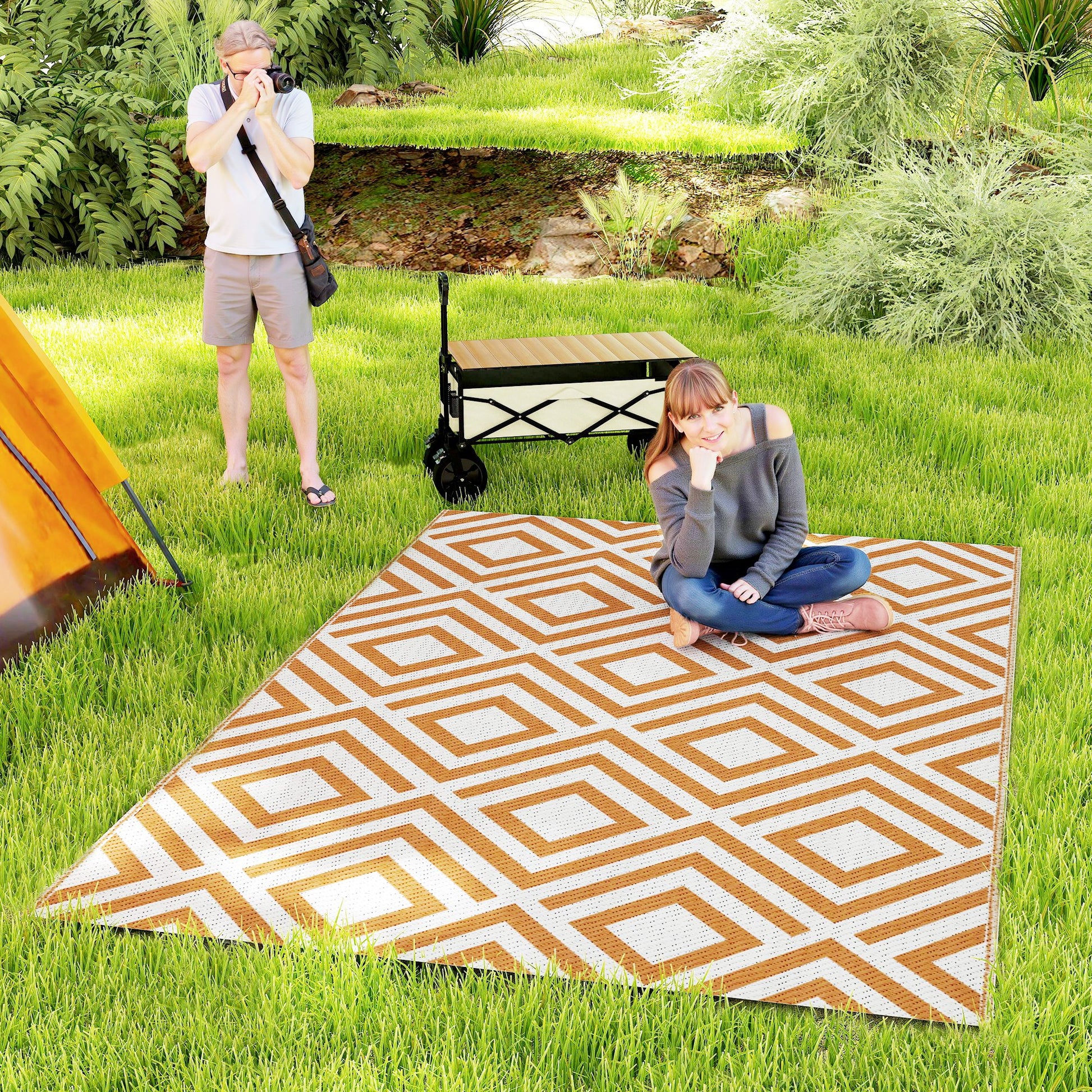 Outdoor Rug 182x274 cm Reversible Rug with Geometric Diamond Pattern Waterproof for Terrace Balcony Patio Camping Beach Oxide Red and White