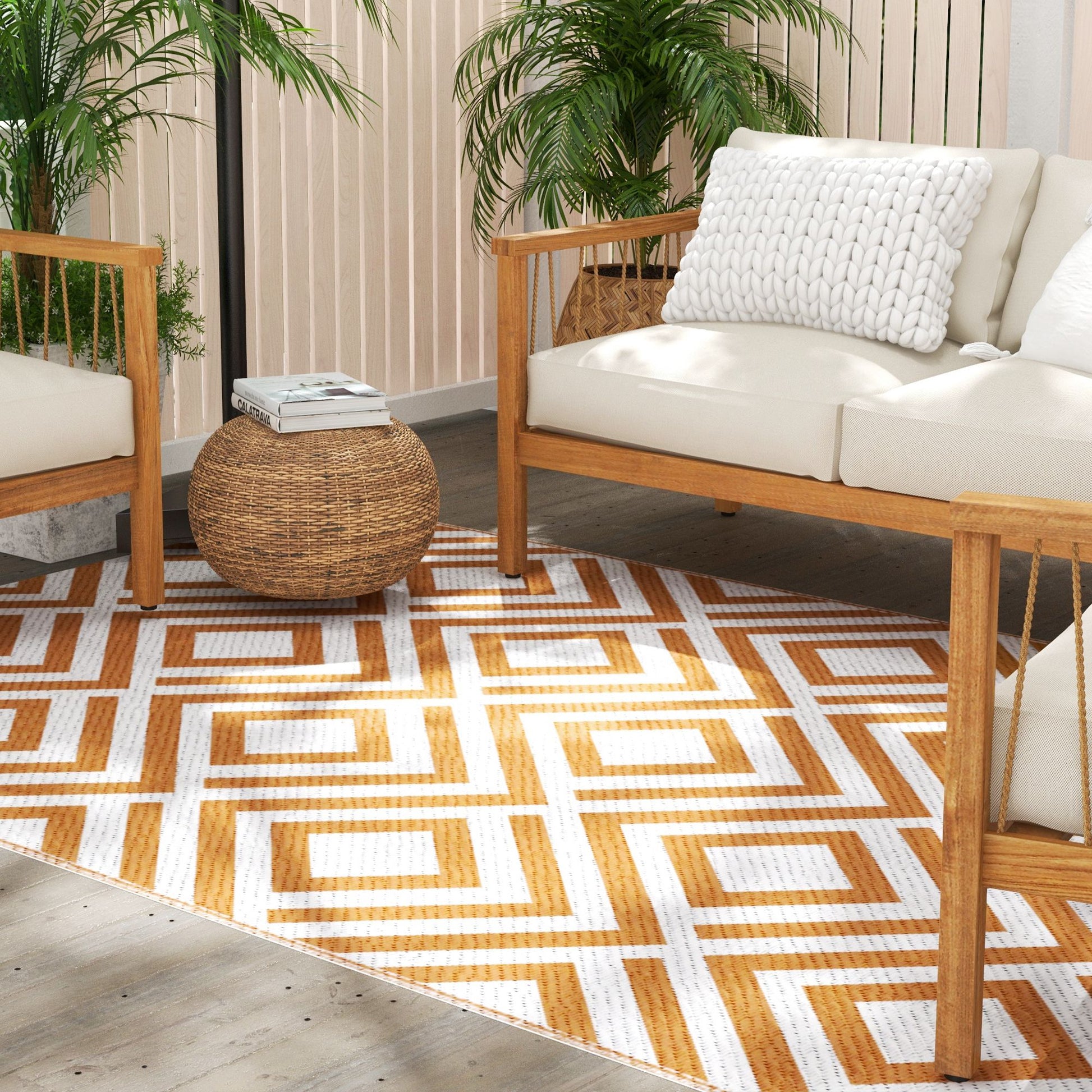 Outdoor Rug 182x274 cm Reversible Rug with Geometric Diamond Pattern Waterproof for Terrace Balcony Patio Camping Beach Oxide Red and White