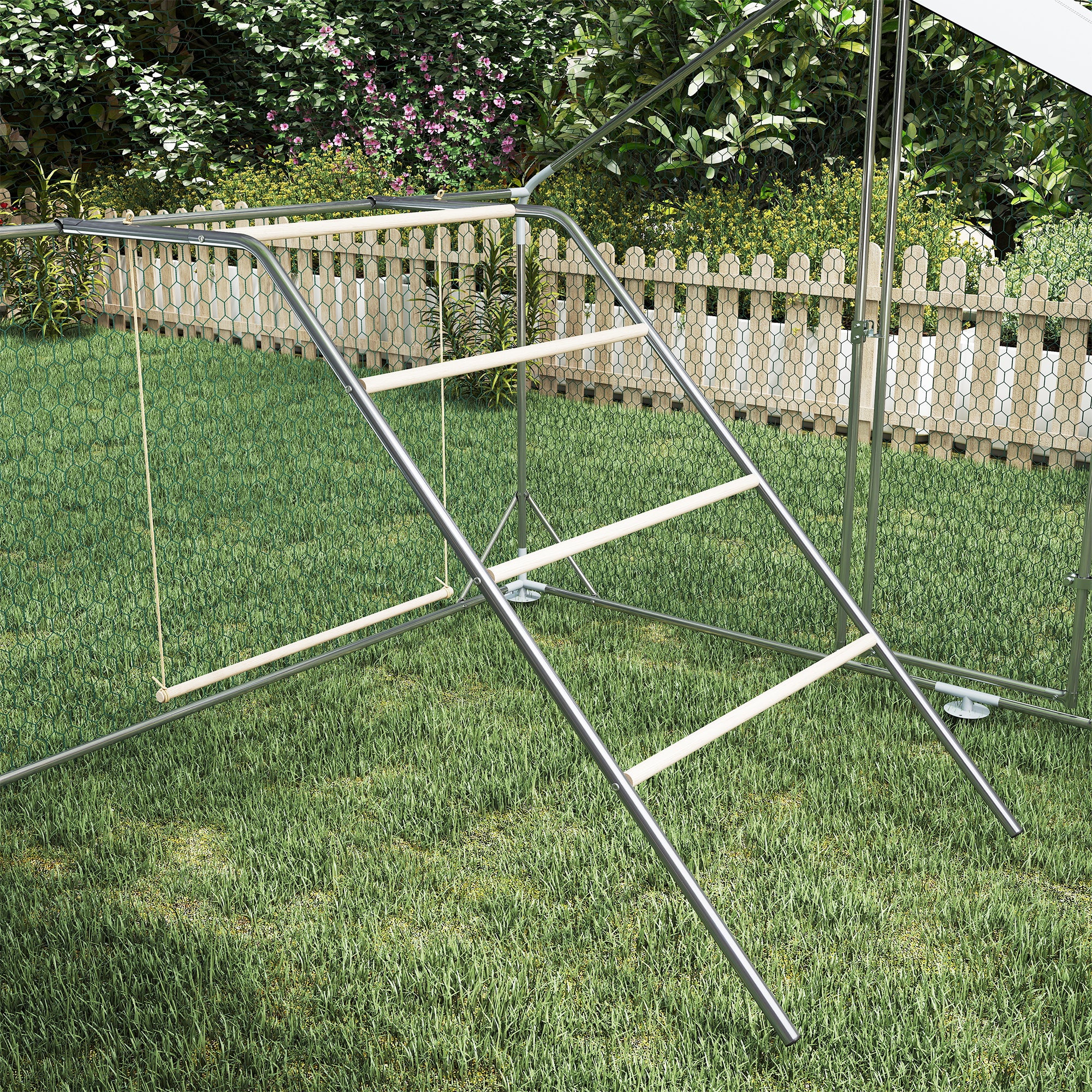 Wooden Chicken Play Park with Perches, Adjustable Swing & Climbing Frame for 4–6 Hens, Silver