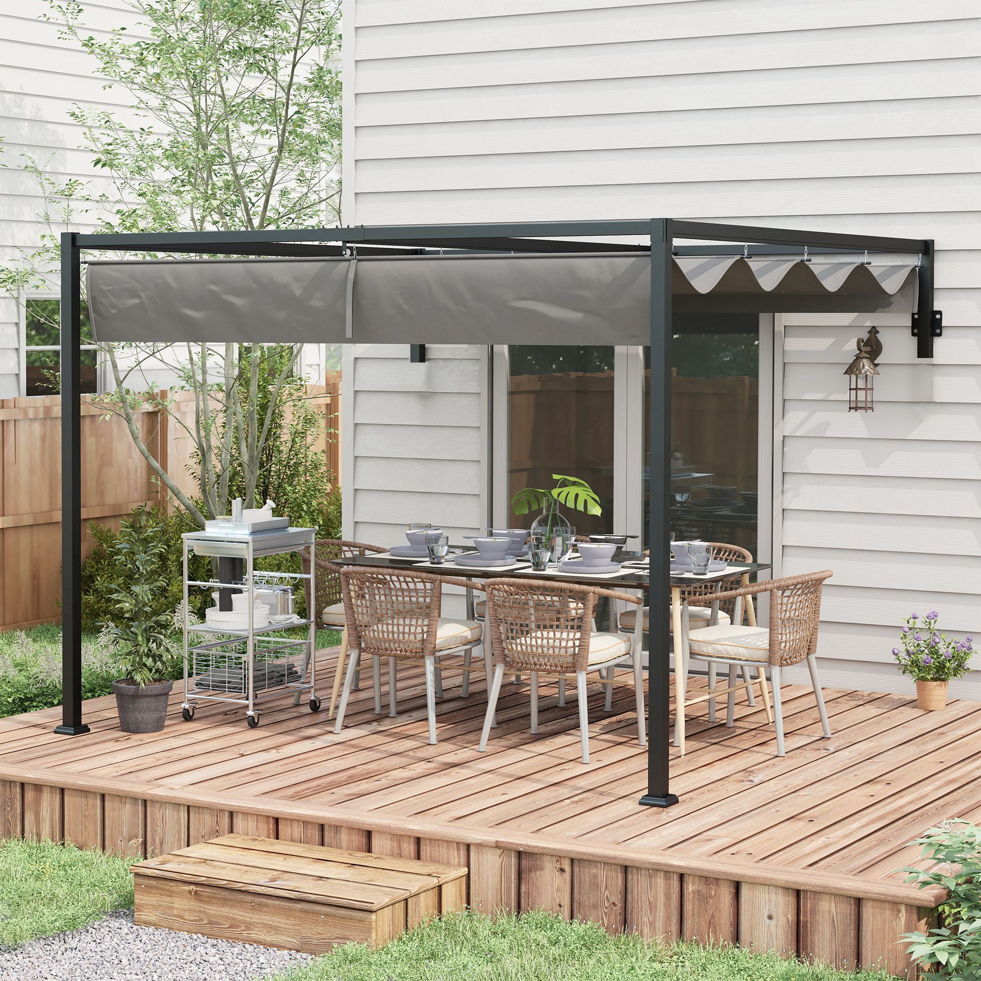 Pergola Gazebo 3x4m with Retractable Roof and Drainage Holes, Steel and Polyester Garden Pergola with Stakes and Screws, Dark Grey