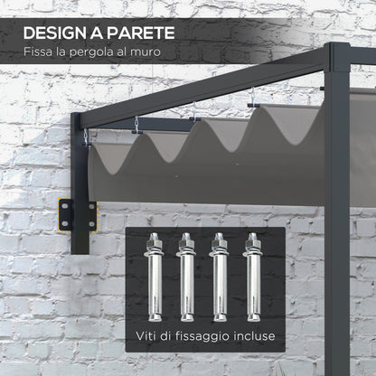Pergola Gazebo 3x4m with Retractable Roof and Drainage Holes, Steel and Polyester Garden Pergola with Stakes and Screws, Dark Grey