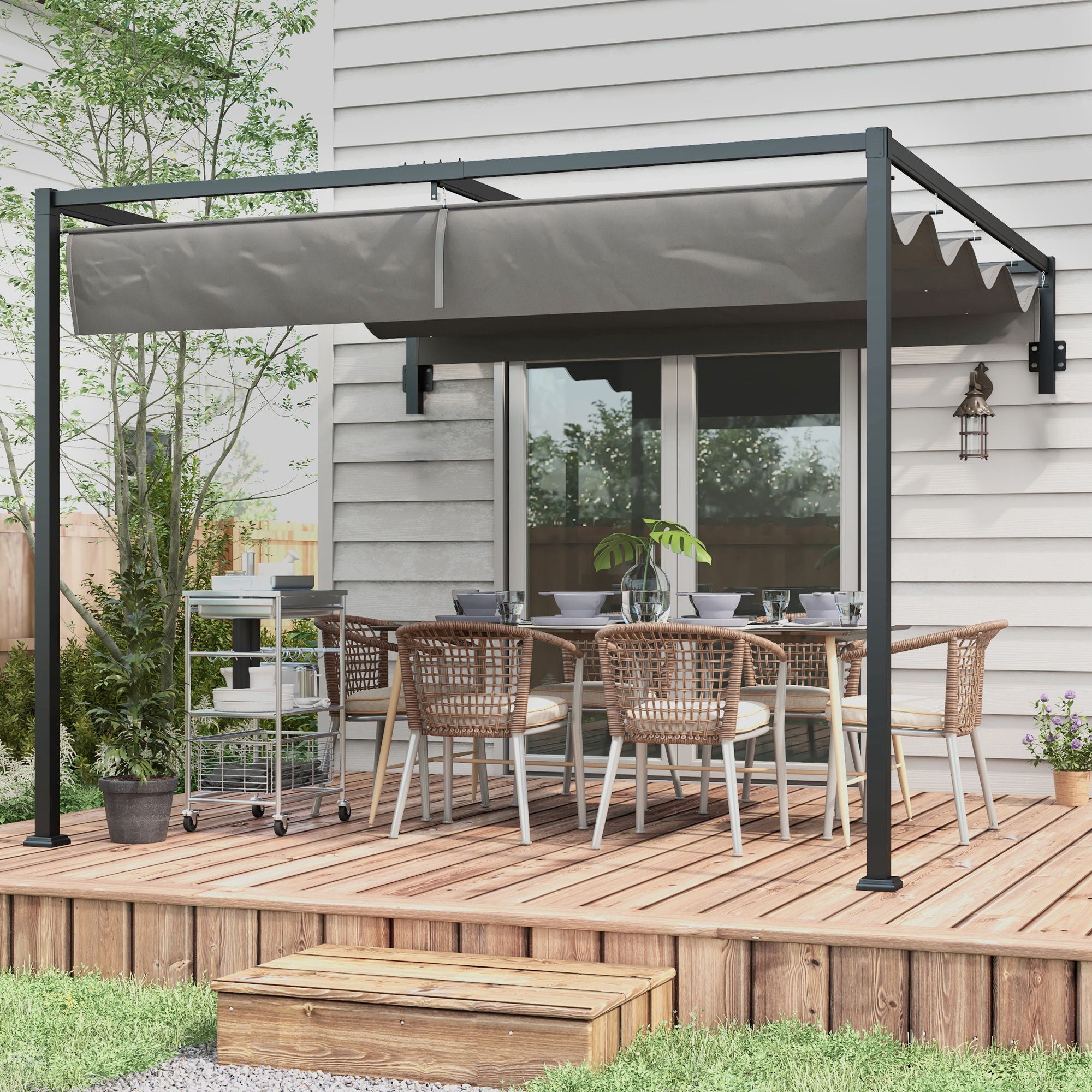 Pergola Gazebo 3x4m with Retractable Roof and Drainage Holes, Steel and Polyester Garden Pergola with Stakes and Screws, Dark Grey
