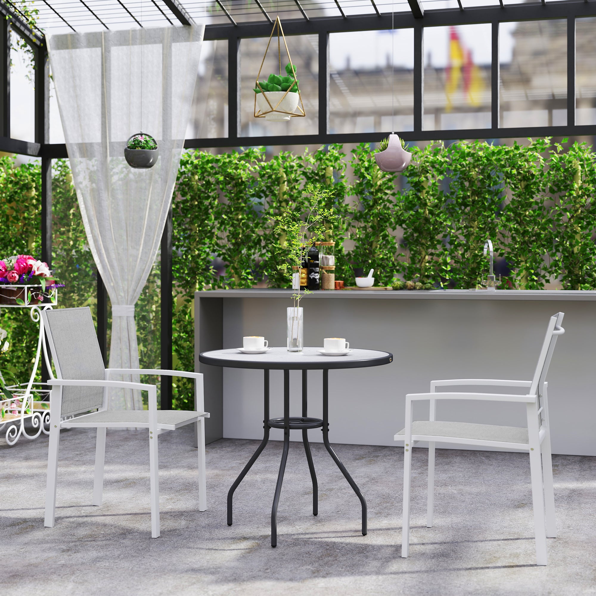 Set of 2 Outdoor Garden Chairs Terrace Exterior Stackable Dining Chairs with Breathable Fabric Steel Frame Armrests and Backrest 56x58x89 cm Light Gray