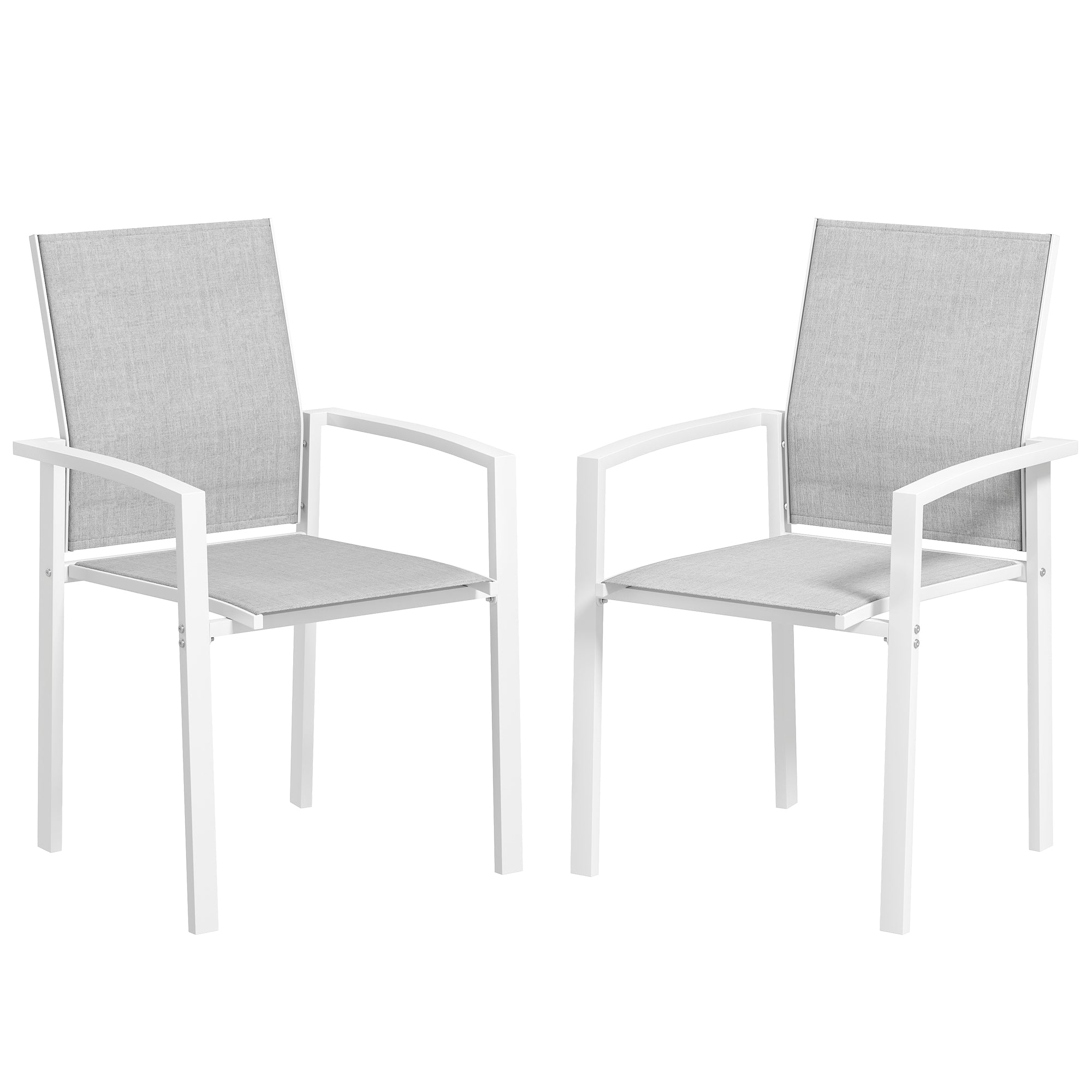 Set of 2 Outdoor Garden Chairs Terrace Exterior Stackable Dining Chairs with Breathable Fabric Steel Frame Armrests and Backrest 56x58x89 cm Light Gray