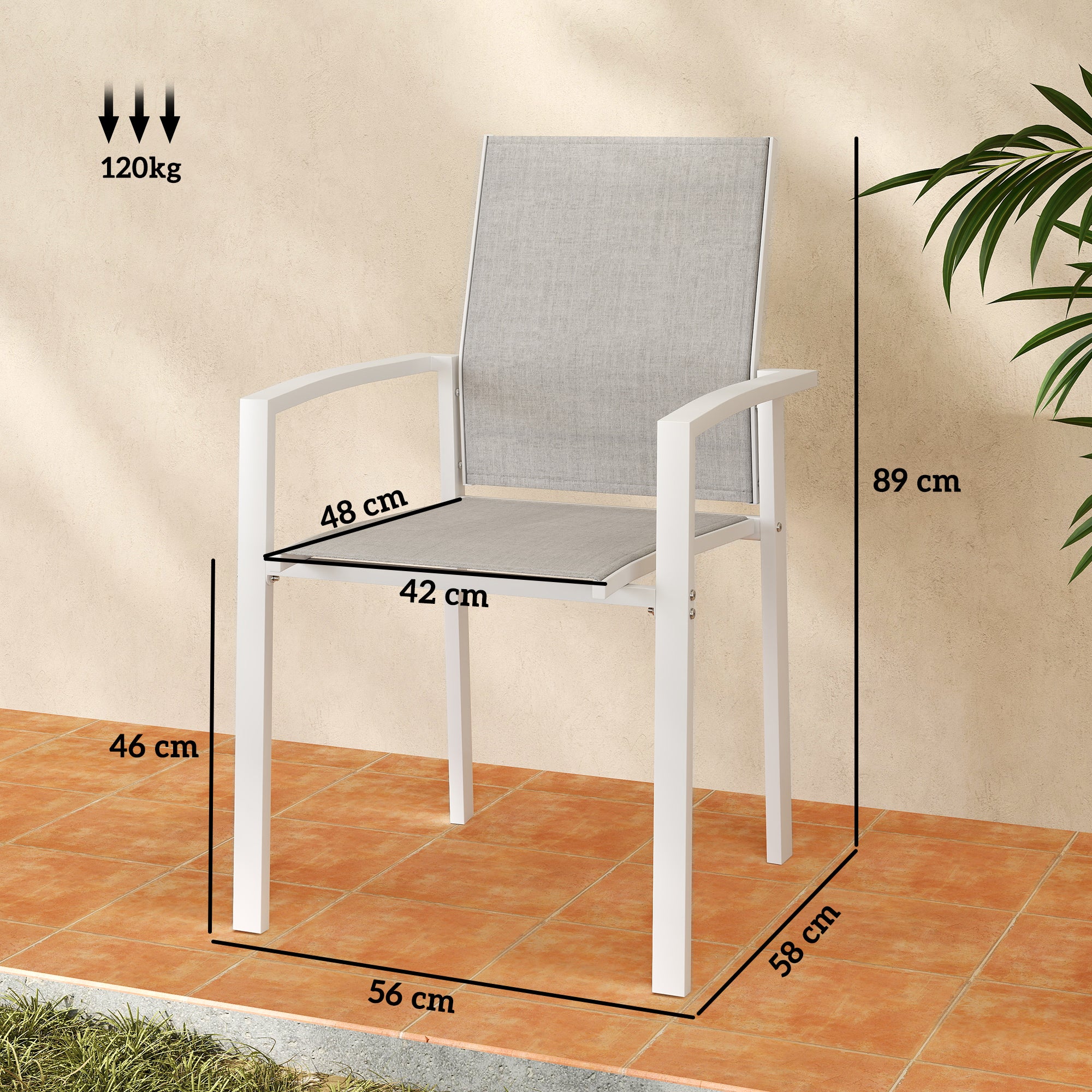 Set of 2 Outdoor Garden Chairs Terrace Exterior Stackable Dining Chairs with Breathable Fabric Steel Frame Armrests and Backrest 56x58x89 cm Light Gray