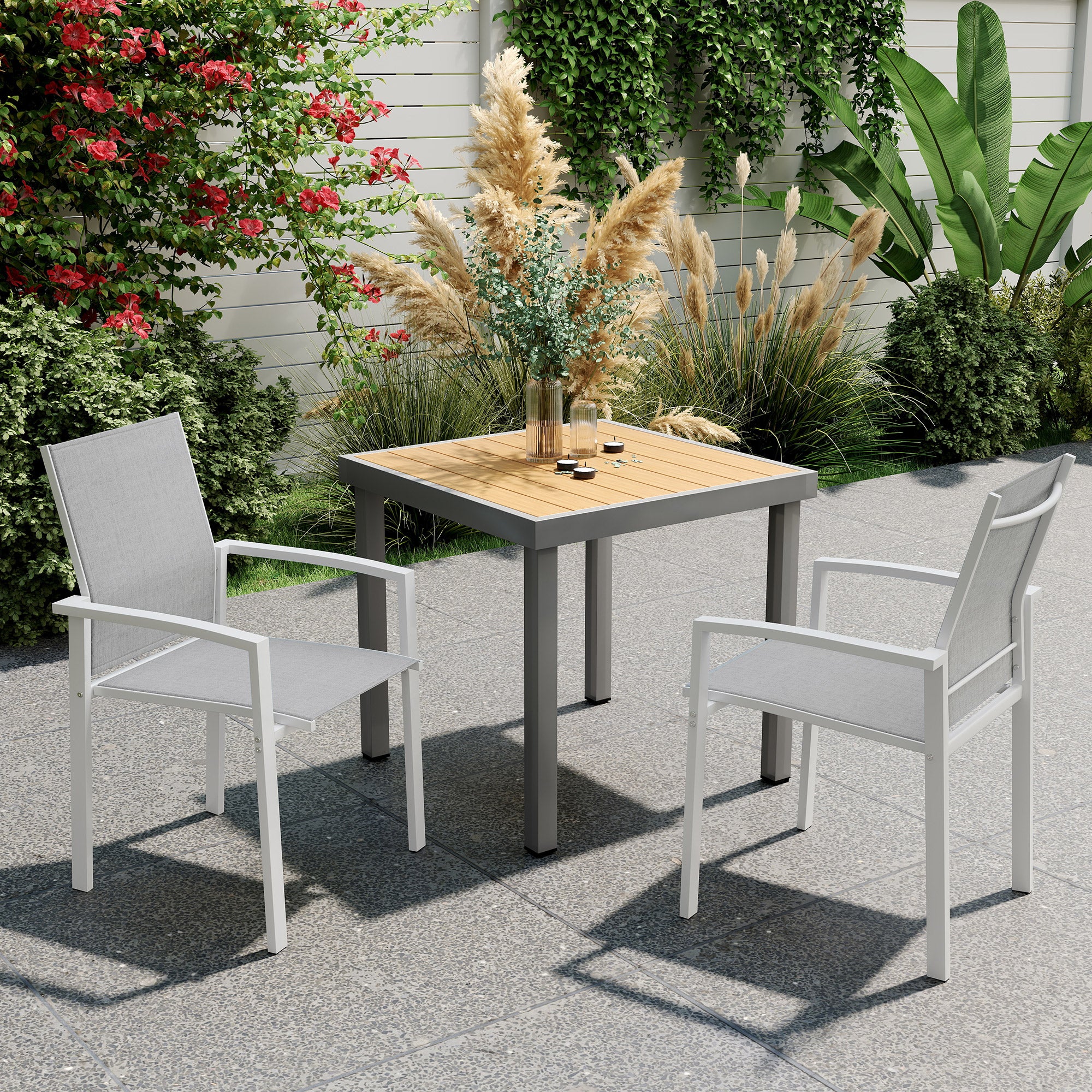 Set of 2 Outdoor Garden Chairs Terrace Exterior Stackable Dining Chairs with Breathable Fabric Steel Frame Armrests and Backrest 56x58x89 cm Light Gray