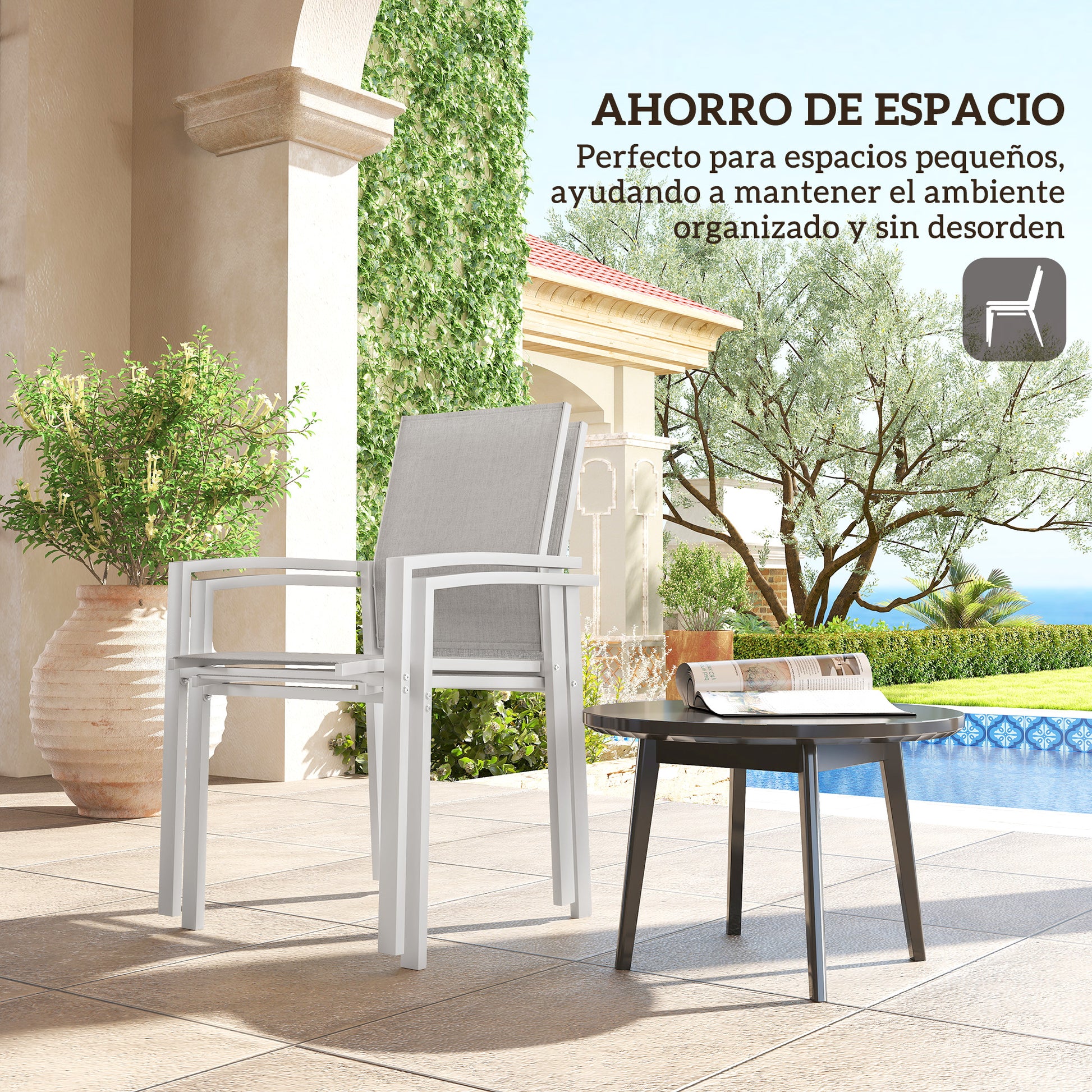 Set of 2 Outdoor Garden Chairs Terrace Exterior Stackable Dining Chairs with Breathable Fabric Steel Frame Armrests and Backrest 56x58x89 cm Light Gray