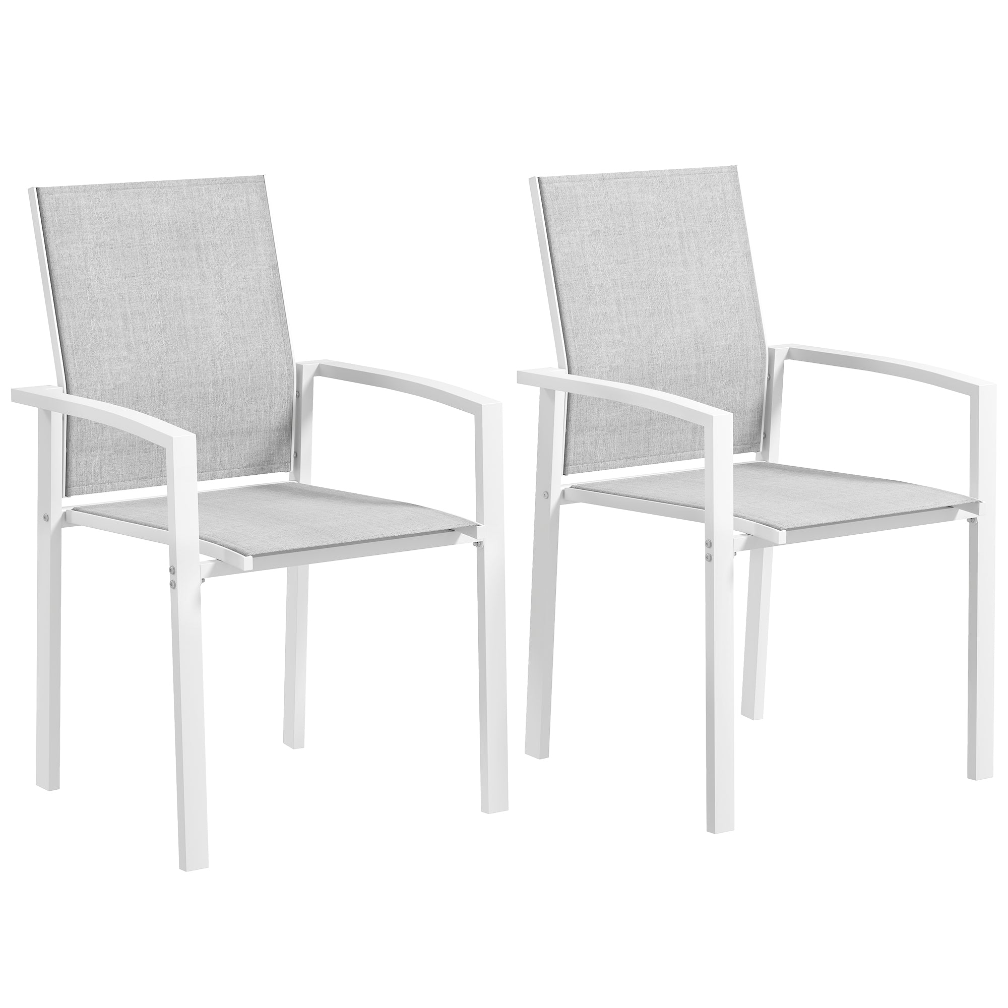 Set of 2 Outdoor Garden Chairs Terrace Exterior Stackable Dining Chairs with Breathable Fabric Steel Frame Armrests and Backrest 56x58x89 cm Light Gray