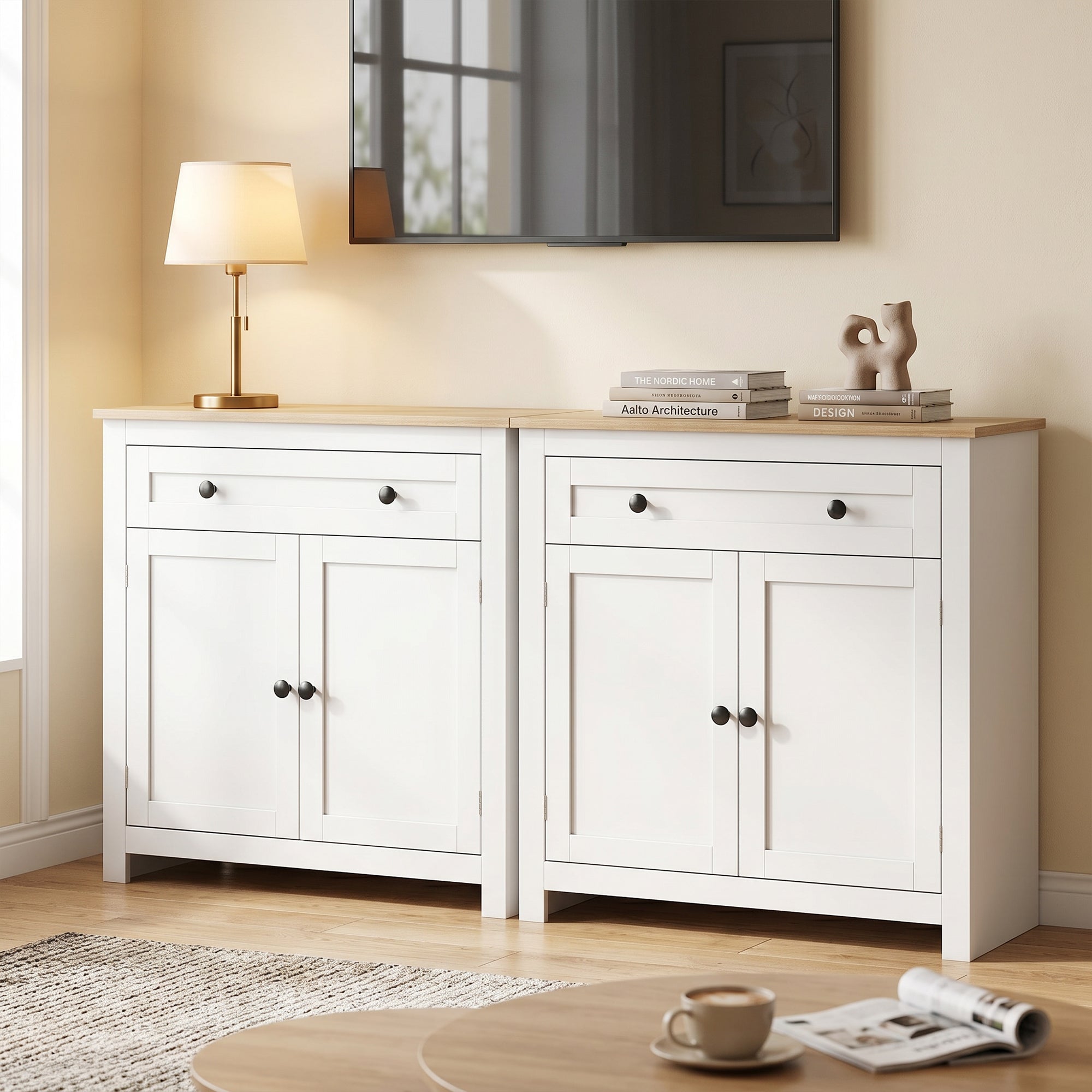 Sideboard Kitchen Cabinet with Drawer, Double Doors & Adjustable Shelf, White Oak-Effect — 30.9 x 13.8 x 31.5 in