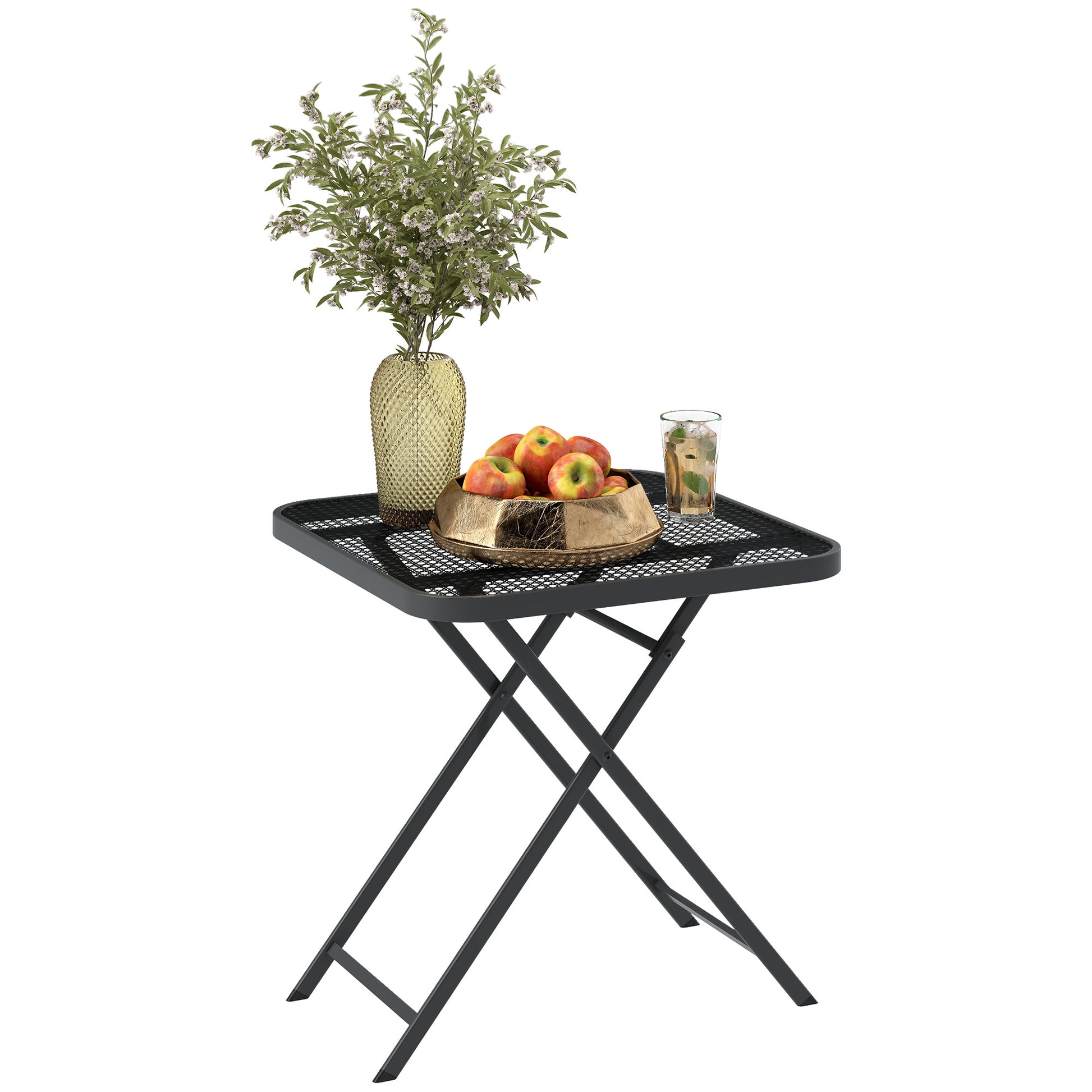 Folding Garden Table 70 x 70 cm, Weatherproof Balcony Table Steel Folding Table with Cutout Design, Outdoor Dining Table, Square Side Table, Patio Table for Garden Terrace Balcony - Black