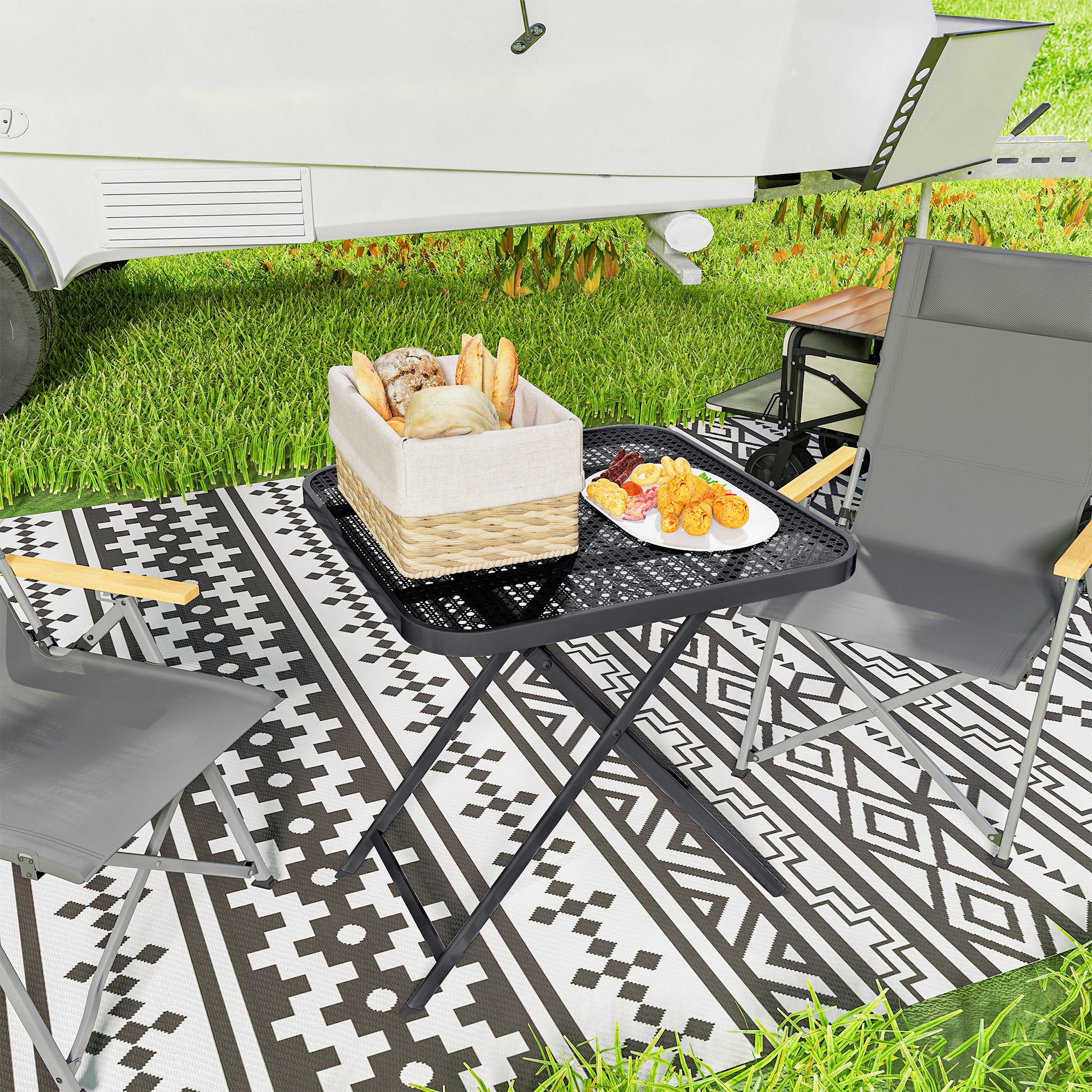 Folding Garden Table 70 x 70 cm, Weatherproof Balcony Table Steel Folding Table with Cutout Design, Outdoor Dining Table, Square Side Table, Patio Table for Garden Terrace Balcony - Black