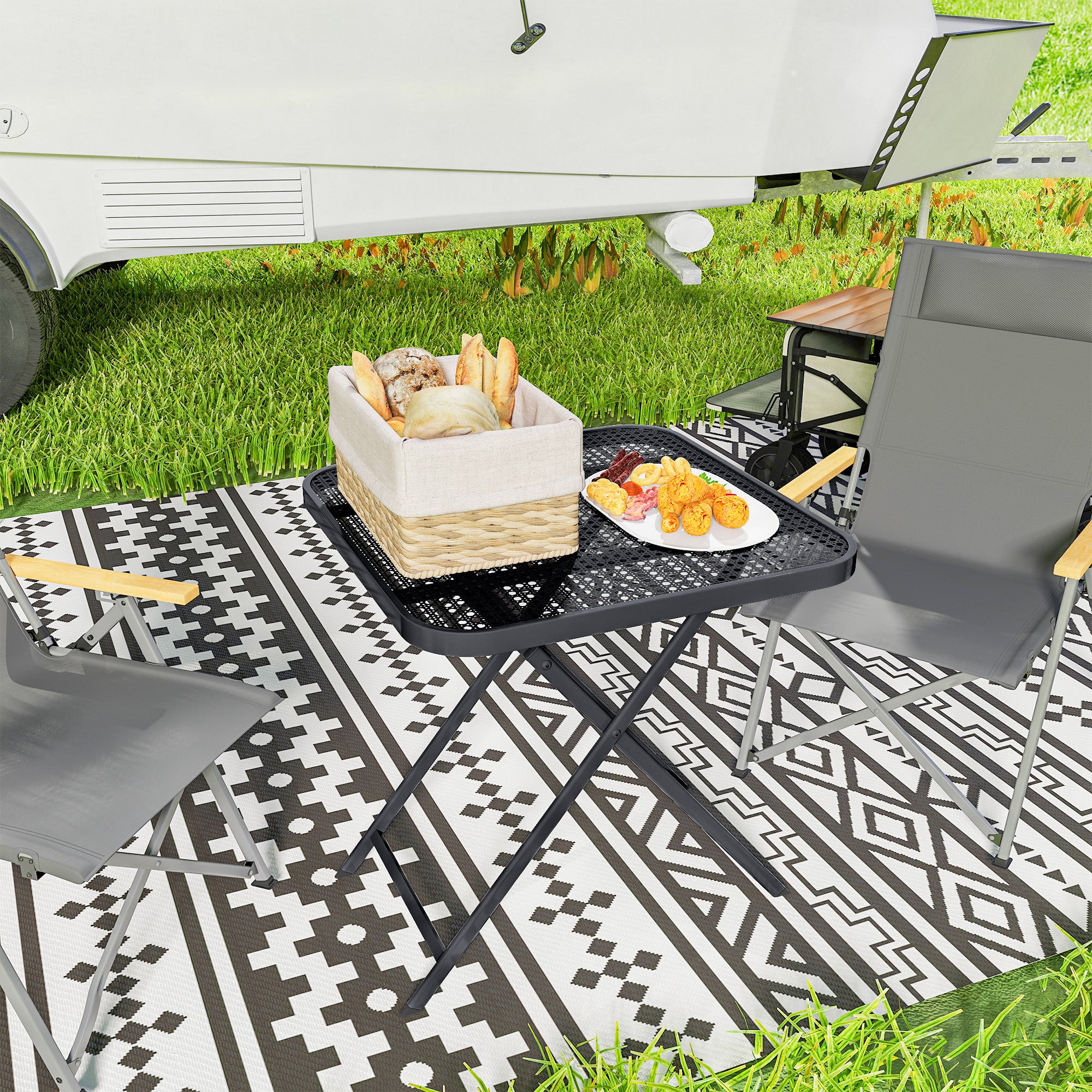 Folding Garden Table 70 x 70 cm, Weatherproof Balcony Table Steel Folding Table with Cutout Design, Outdoor Dining Table, Square Side Table, Patio Table for Garden Terrace Balcony - Black