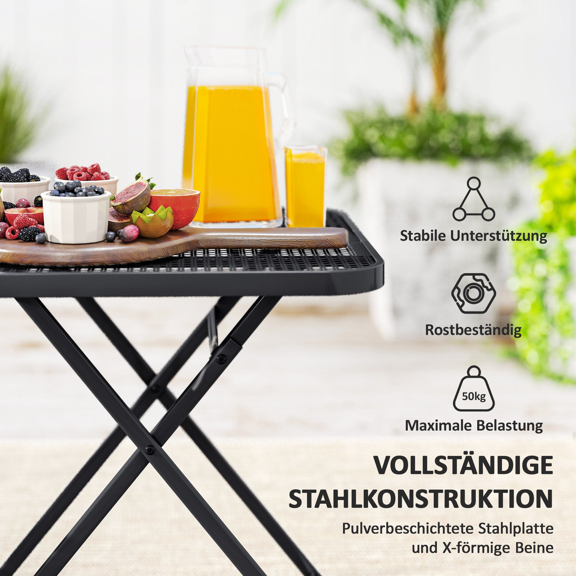 Folding Garden Table 70 x 70 cm, Weatherproof Balcony Table Steel Folding Table with Cutout Design, Outdoor Dining Table, Square Side Table, Patio Table for Garden Terrace Balcony - Black