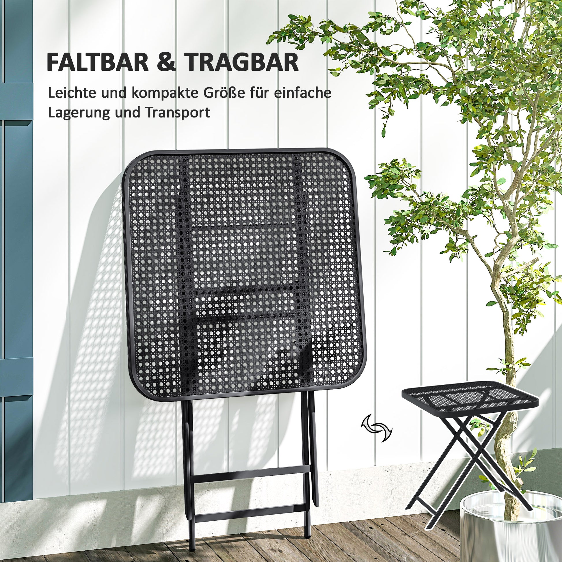 Folding Garden Table 70 x 70 cm, Weatherproof Balcony Table Steel Folding Table with Cutout Design, Outdoor Dining Table, Square Side Table, Patio Table for Garden Terrace Balcony - Black