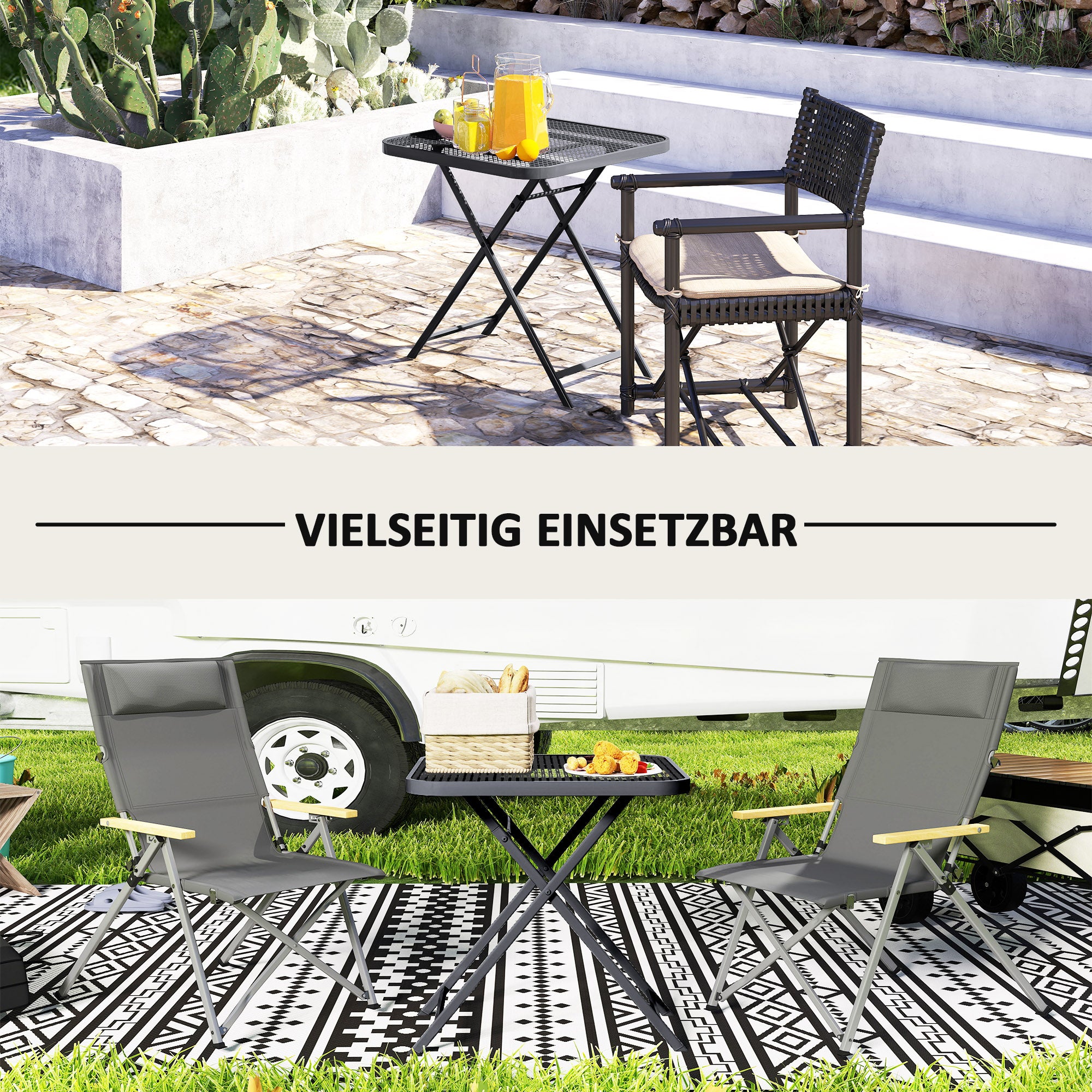 Folding Garden Table 70 x 70 cm, Weatherproof Balcony Table Steel Folding Table with Cutout Design, Outdoor Dining Table, Square Side Table, Patio Table for Garden Terrace Balcony - Black