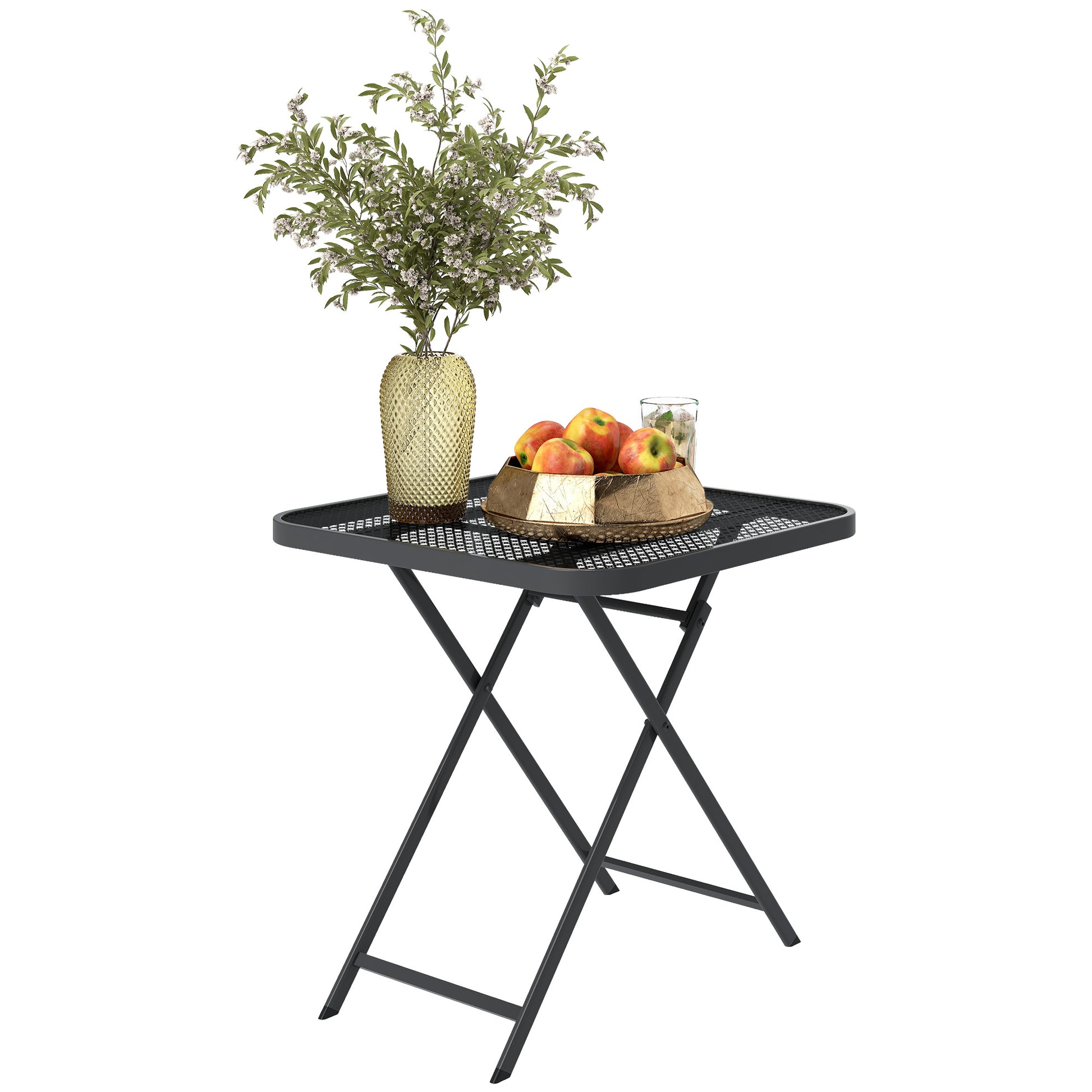 Folding Garden Table 70 x 70 cm, Weatherproof Balcony Table Steel Folding Table with Cutout Design, Outdoor Dining Table, Square Side Table, Patio Table for Garden Terrace Balcony - Black