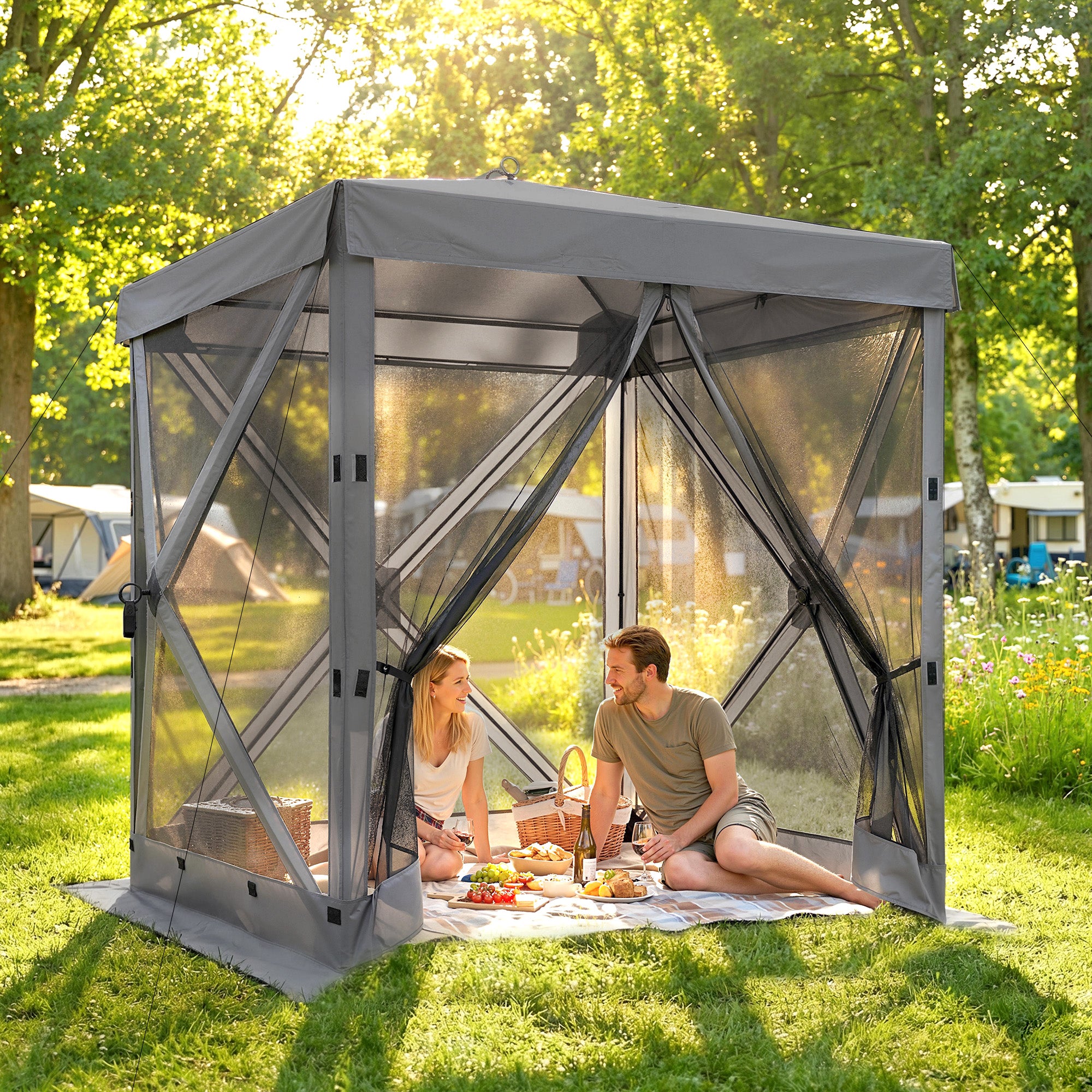 6'1" x 6'1" Waterproof Pop-Up Gazebo — Stable, All-Weather, 4 Mesh Side Panels, UPF30+, Foldable Party Tent — Dark Gray