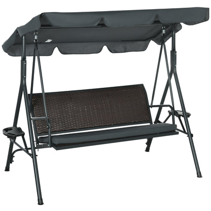 3-Seater Garden Swing Bench for Outdoor with Adjustable Canopy Rattan Seat 2 Cup Holders 2 Trays and Steel Frame Load 320 kg for Terrace Patio 204x112x150 cm Dark Grey