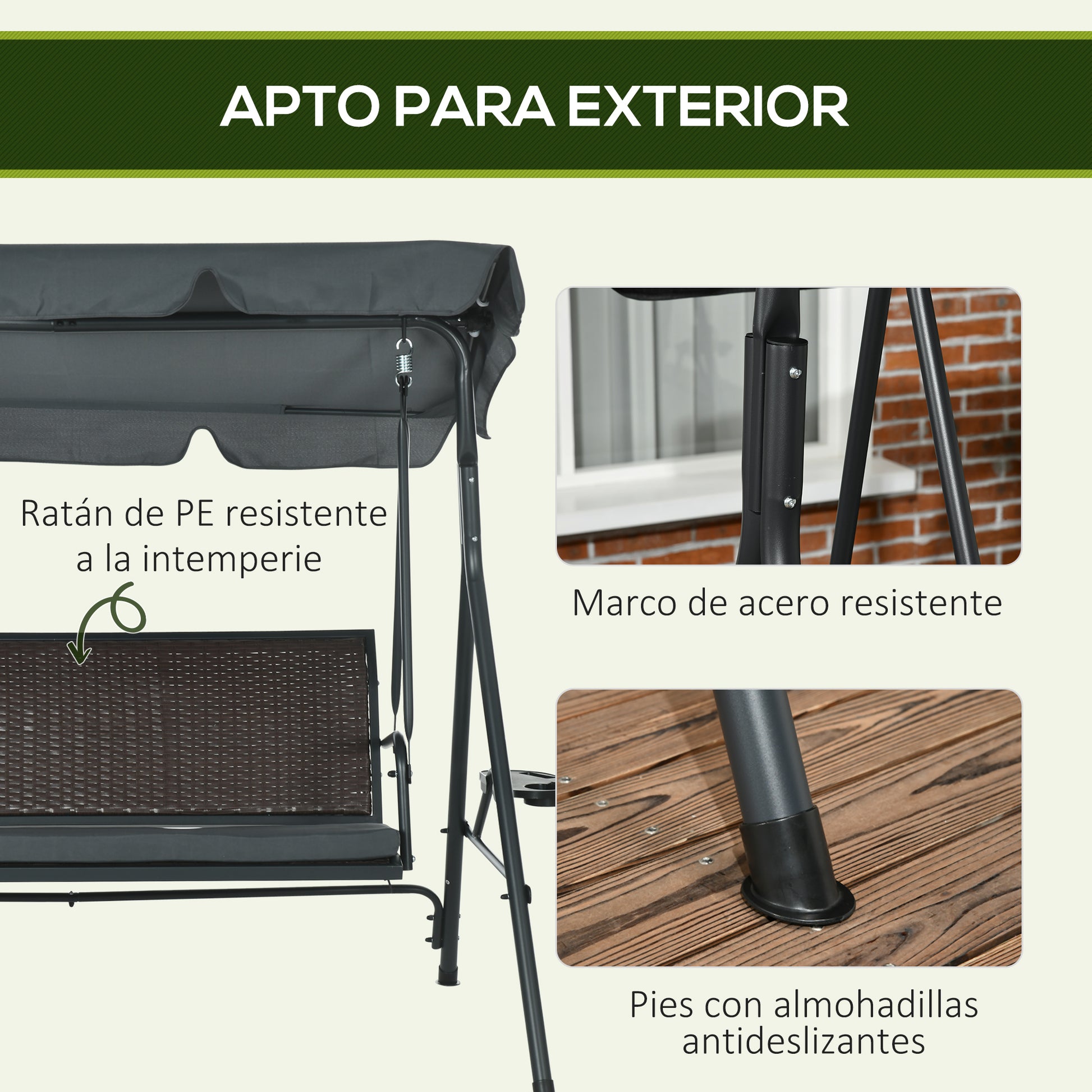 3-Seater Garden Swing Bench for Outdoor with Adjustable Canopy Rattan Seat 2 Cup Holders 2 Trays and Steel Frame Load 320 kg for Terrace Patio 204x112x150 cm Dark Grey