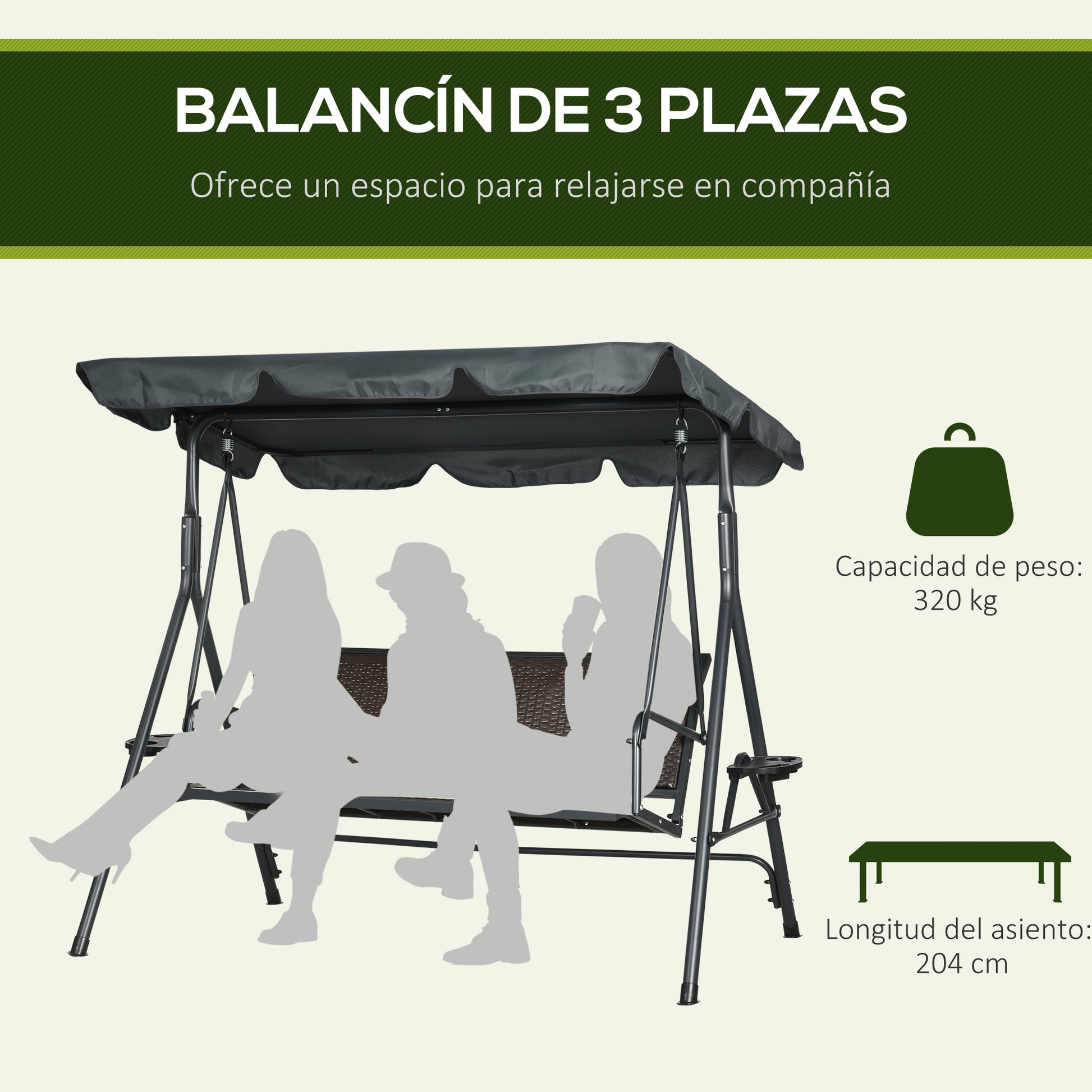 3-Seater Garden Swing Bench for Outdoor with Adjustable Canopy Rattan Seat 2 Cup Holders 2 Trays and Steel Frame Load 320 kg for Terrace Patio 204x112x150 cm Dark Grey