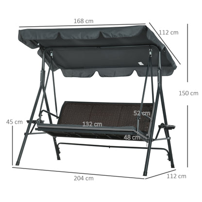 3-Seater Garden Swing Bench for Outdoor with Adjustable Canopy Rattan Seat 2 Cup Holders 2 Trays and Steel Frame Load 320 kg for Terrace Patio 204x112x150 cm Dark Grey