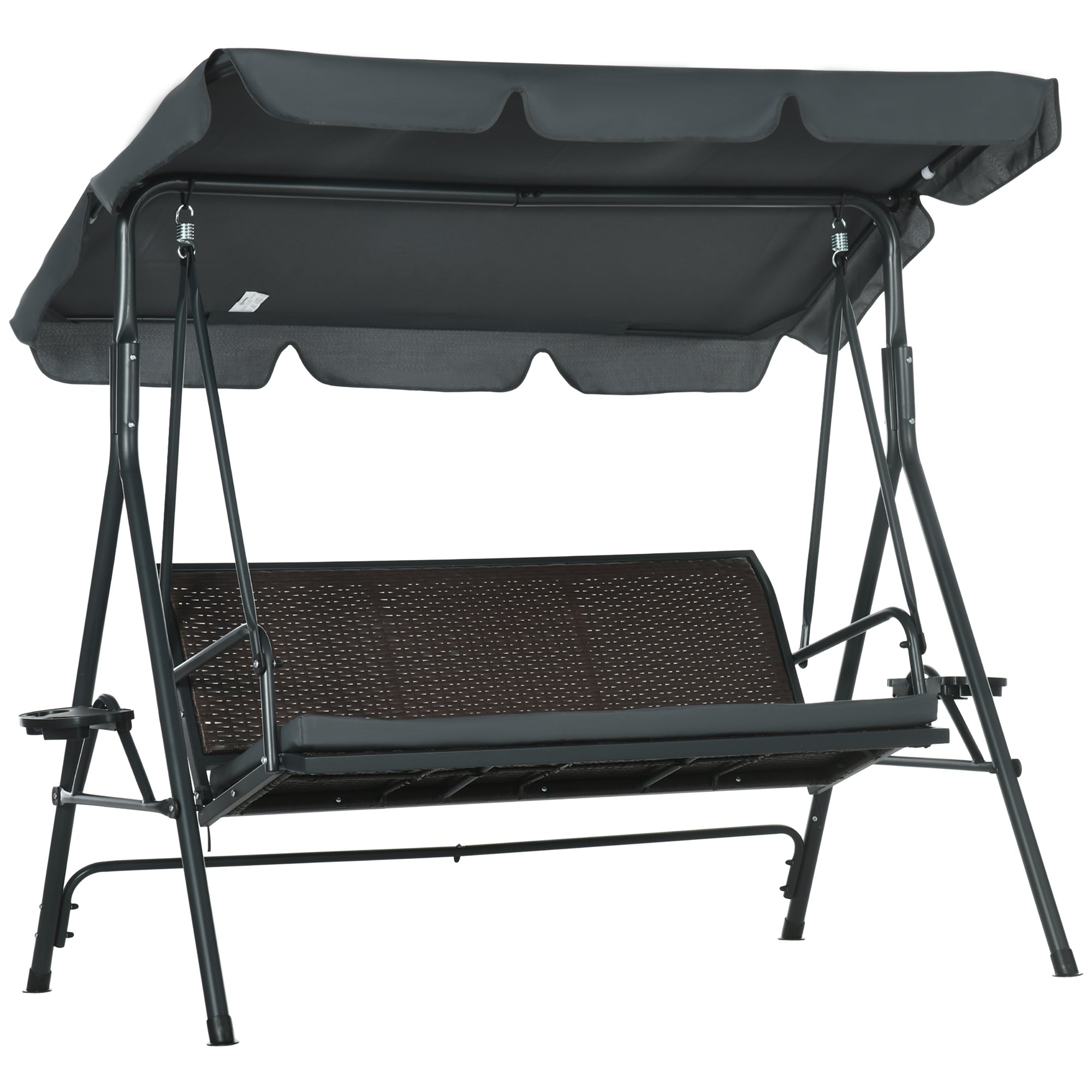 3-Seater Garden Swing Bench for Outdoor with Adjustable Canopy Rattan Seat 2 Cup Holders 2 Trays and Steel Frame Load 320 kg for Terrace Patio 204x112x150 cm Dark Grey