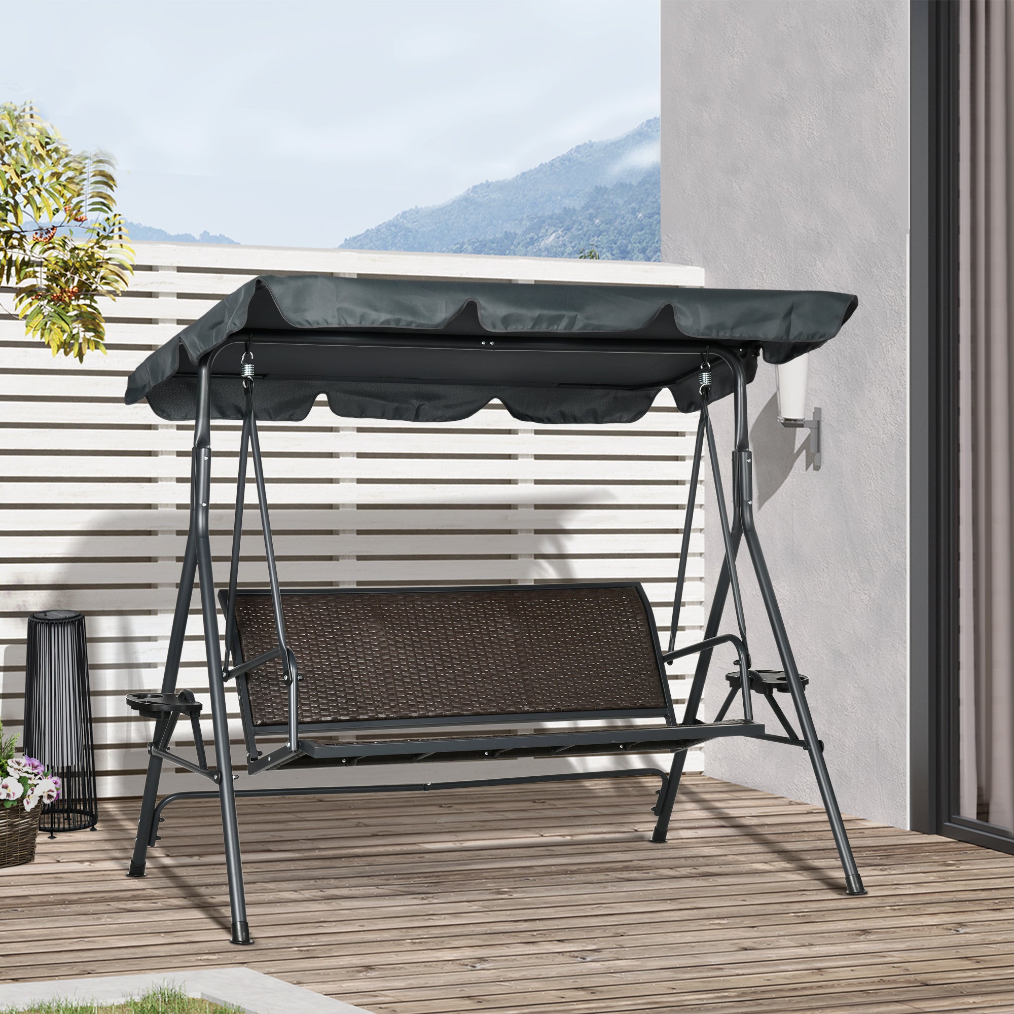 3-Seater Garden Swing Bench for Outdoor with Adjustable Canopy Rattan Seat 2 Cup Holders 2 Trays and Steel Frame Load 320 kg for Terrace Patio 204x112x150 cm Dark Grey