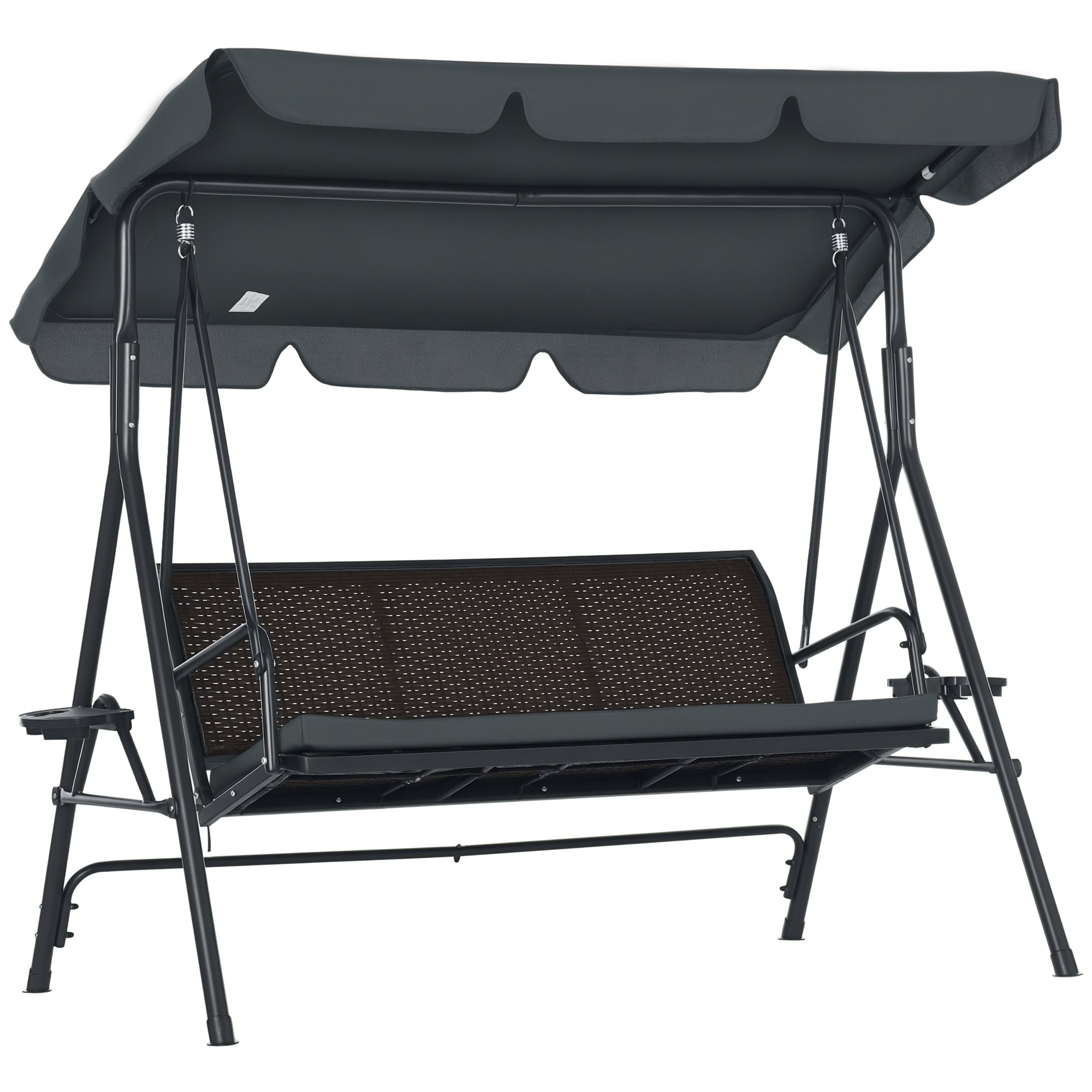 3-Seater Garden Swing Bench for Outdoor with Adjustable Canopy Rattan Seat 2 Cup Holders 2 Trays and Steel Frame Load 320 kg for Terrace Patio 204x112x150 cm Dark Grey