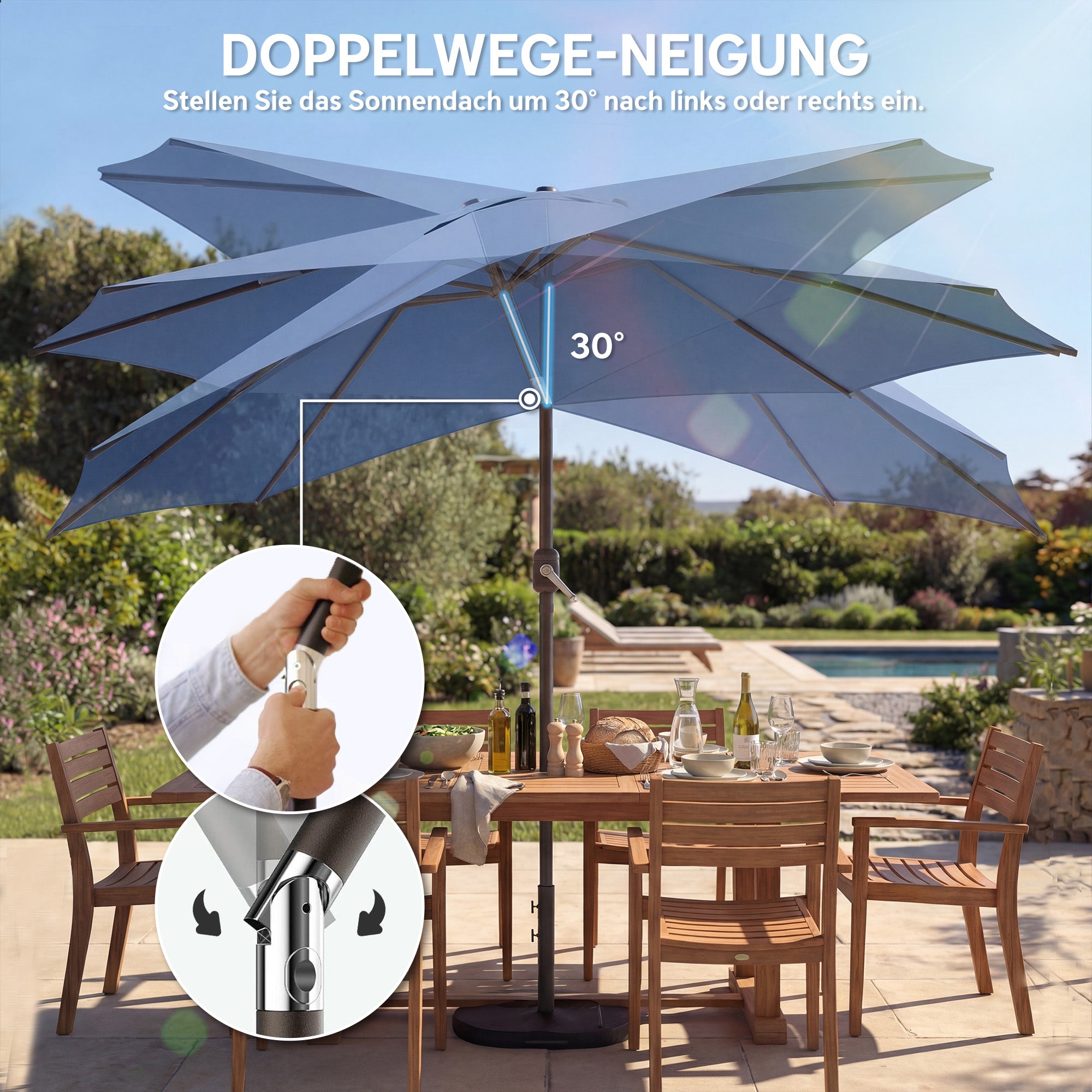Umbrella Ø295 cm (9.7 ft), UPF 30+ Round Balcony/Beach/Market Crank Umbrella Sunshade for Beach, Balcony, Garden — Blue