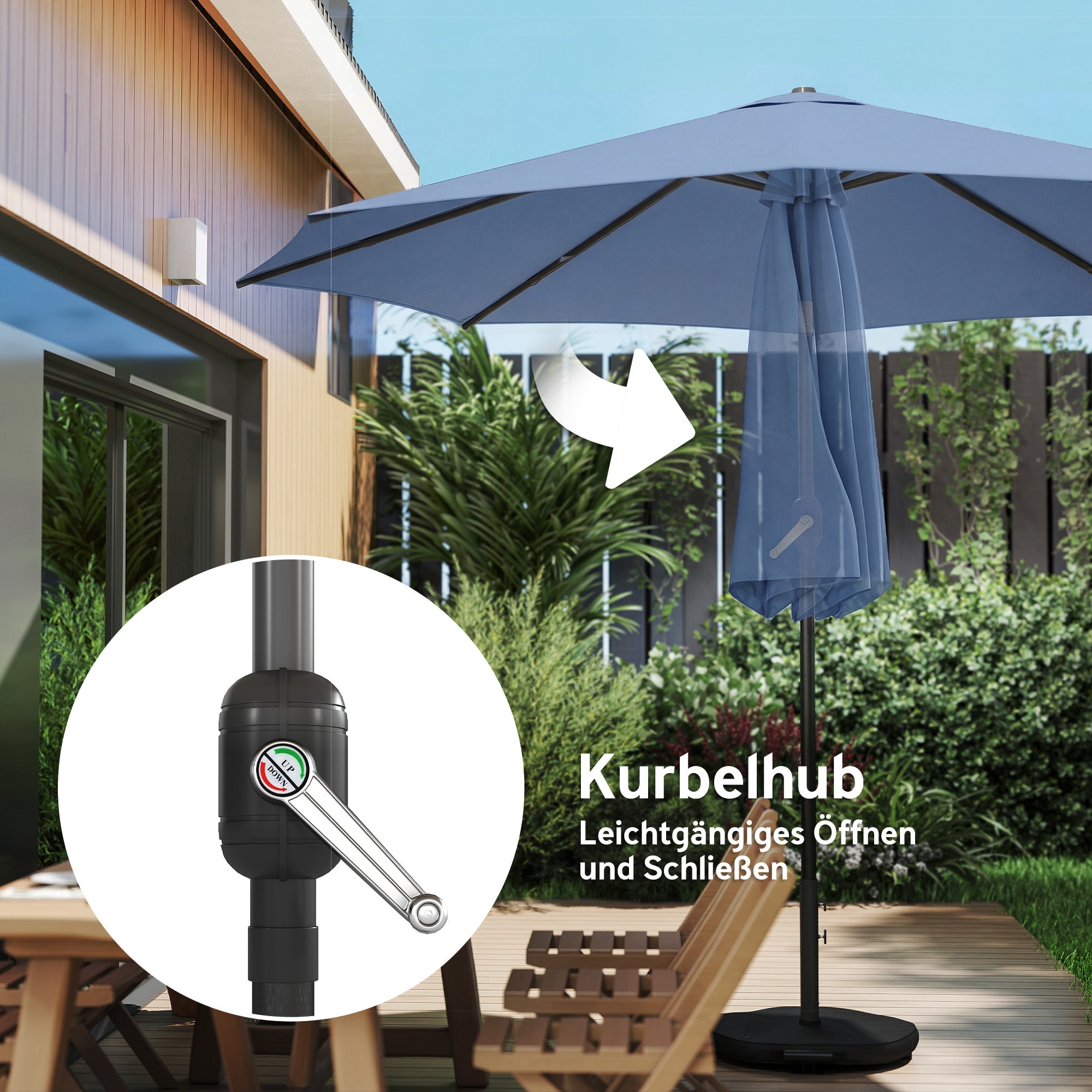 Umbrella Ø295 cm (9.7 ft), UPF 30+ Round Balcony/Beach/Market Crank Umbrella Sunshade for Beach, Balcony, Garden — Blue