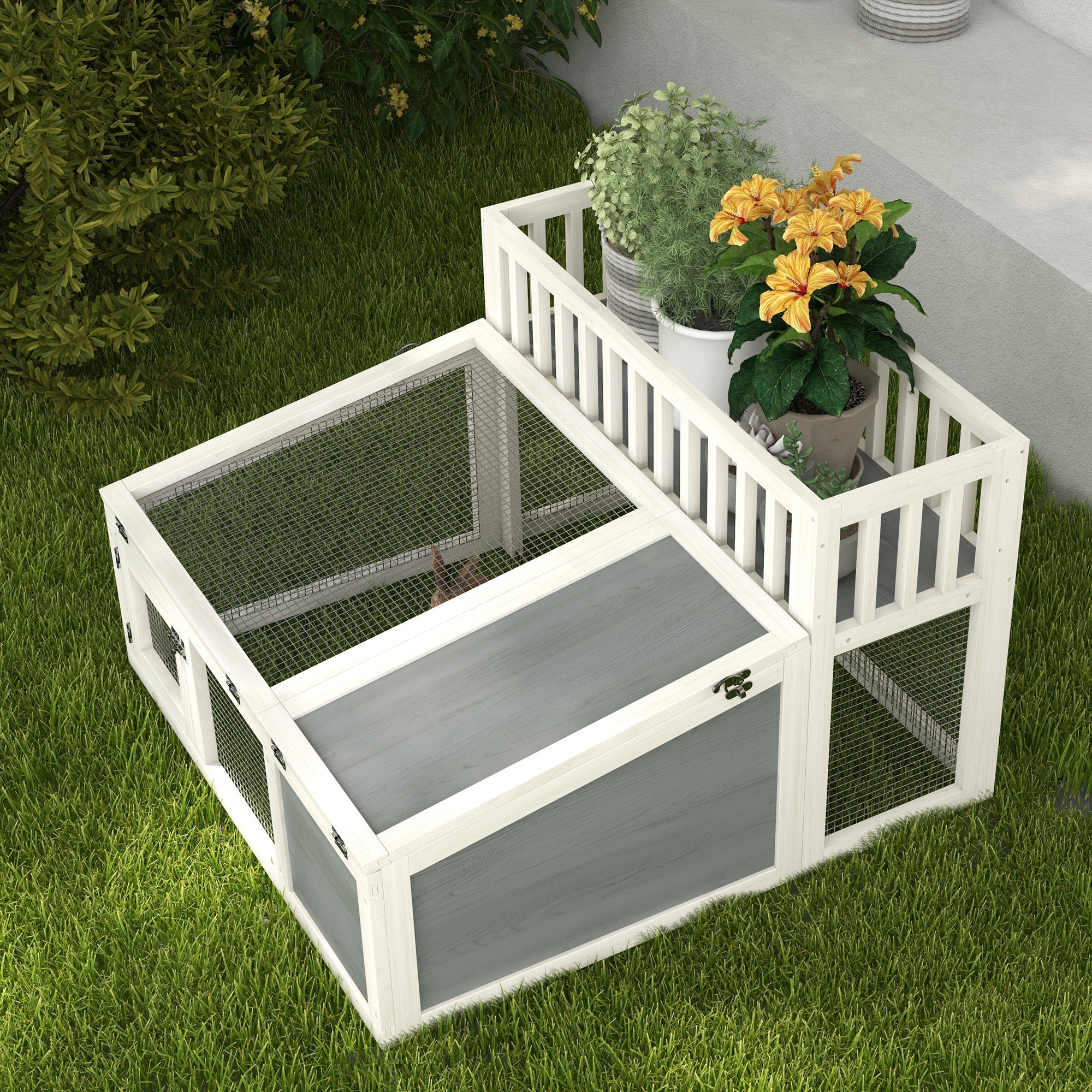 Rabbit Hutch, wooden rabbit cage with shelf for plants large wooden space, multiple doors - Dim. 94L x 90W x 60H cm - grey and white