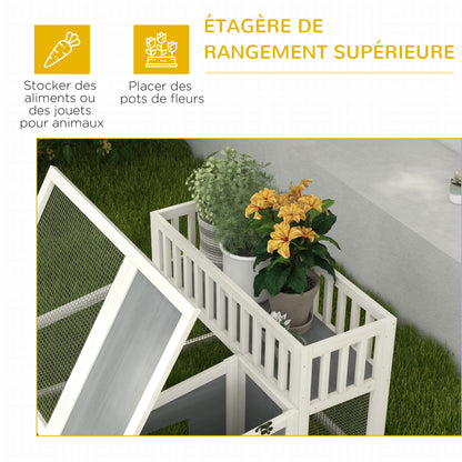 Rabbit Hutch, wooden rabbit cage with shelf for plants large wooden space, multiple doors - Dim. 94L x 90W x 60H cm - grey and white