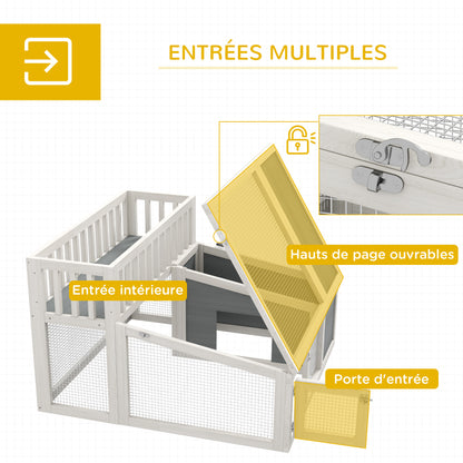 Rabbit Hutch, wooden rabbit cage with shelf for plants large wooden space, multiple doors - Dim. 94L x 90W x 60H cm - grey and white