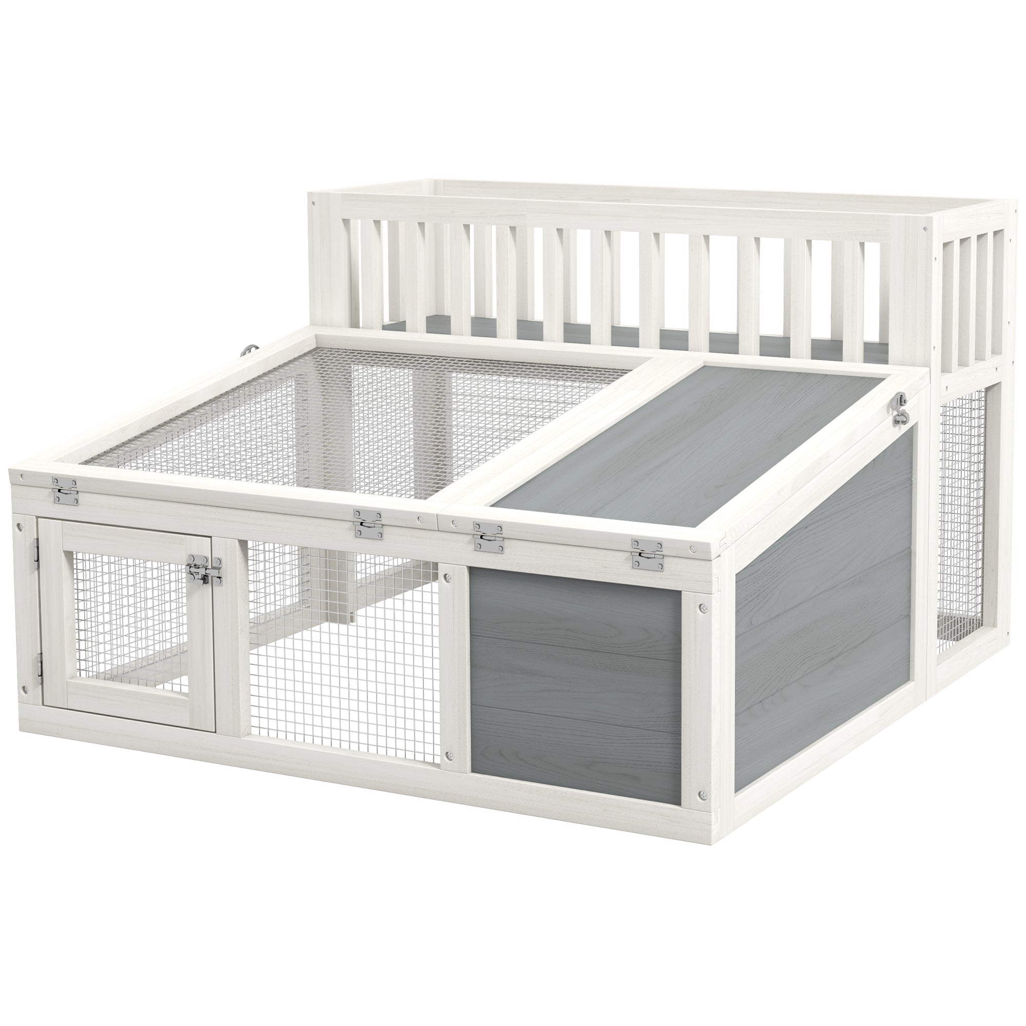 Rabbit Hutch, wooden rabbit cage with shelf for plants large wooden space, multiple doors - Dim. 94L x 90W x 60H cm - grey and white