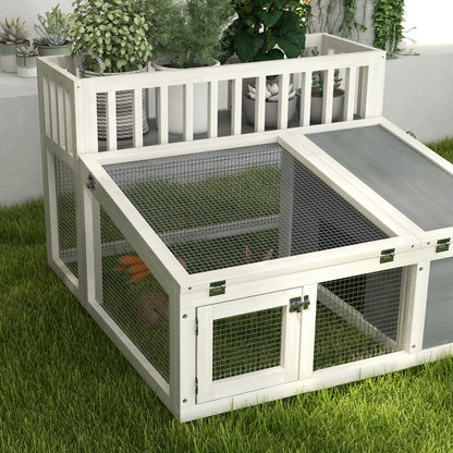 Rabbit Hutch, wooden rabbit cage with shelf for plants large wooden space, multiple doors - Dim. 94L x 90W x 60H cm - grey and white