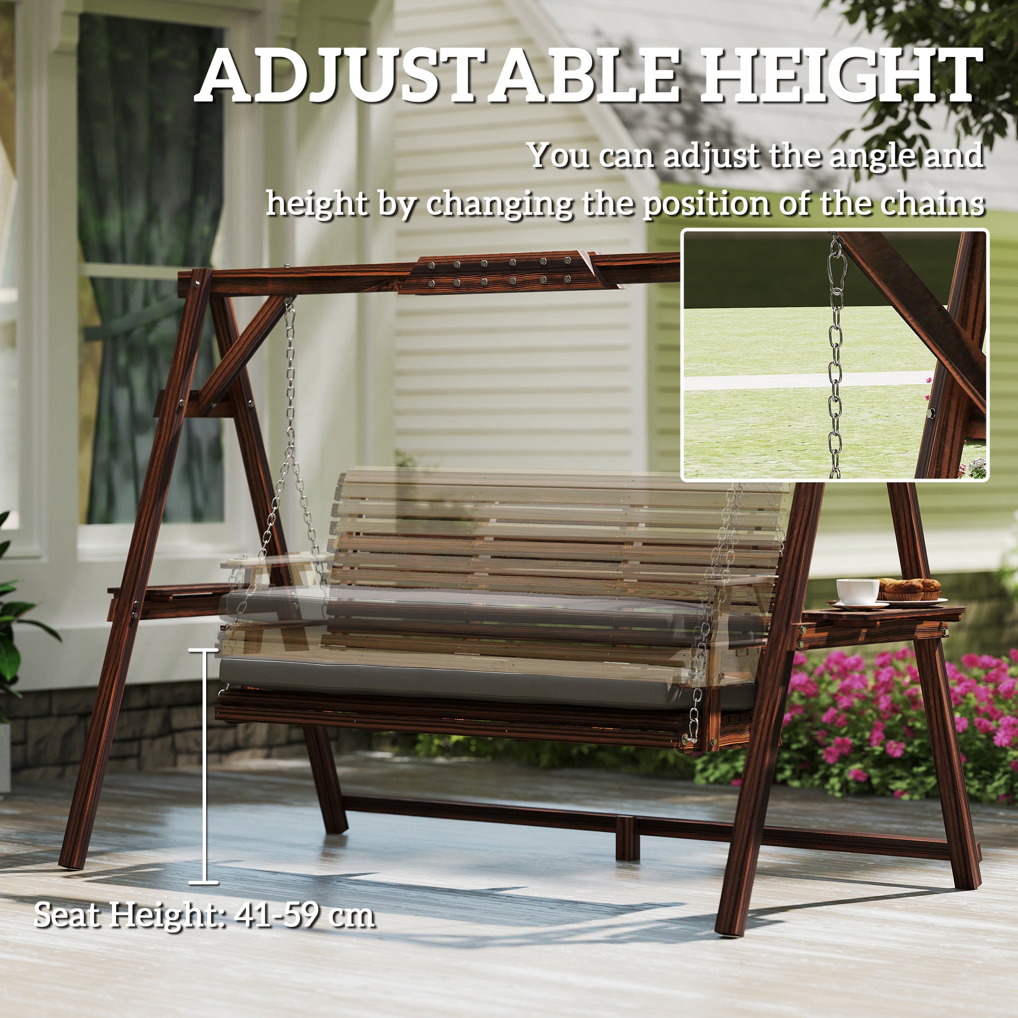 3-Seater Wooden Hollywood Swing with Cushioned Seat & Side Trays — Charred Finish, 728 lb Capacity