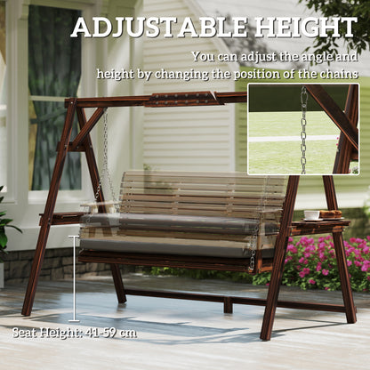 3-Seater Wooden Hollywood Swing with Cushioned Seat & Side Trays — Charred Finish, 728 lb Capacity