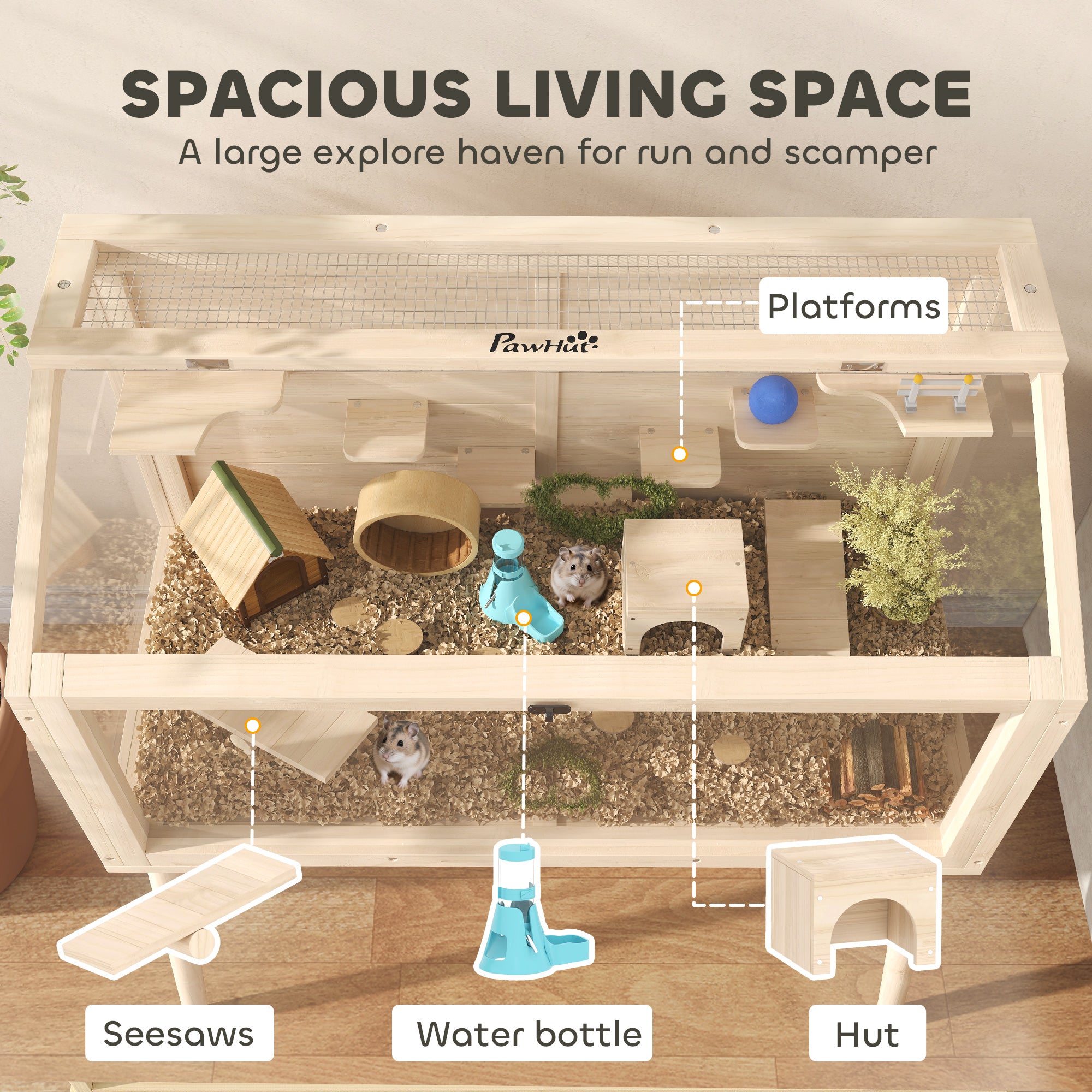 Hamster Cage — Small Animal Habitat with Accessories, Water Bottle, 43.3 x 20.5 x 39.8 in (110 x 52 x 101 cm), Wood & Plastic