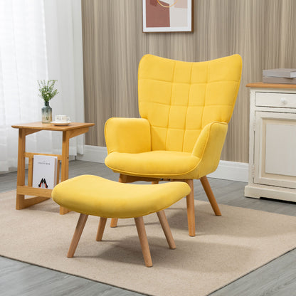 Armchair with Ottoman, Wingback Chair with High Backrest, Wood Legs, Lounge Chair with Tufted Design, Corduroy Look, for Living Room, Yellow