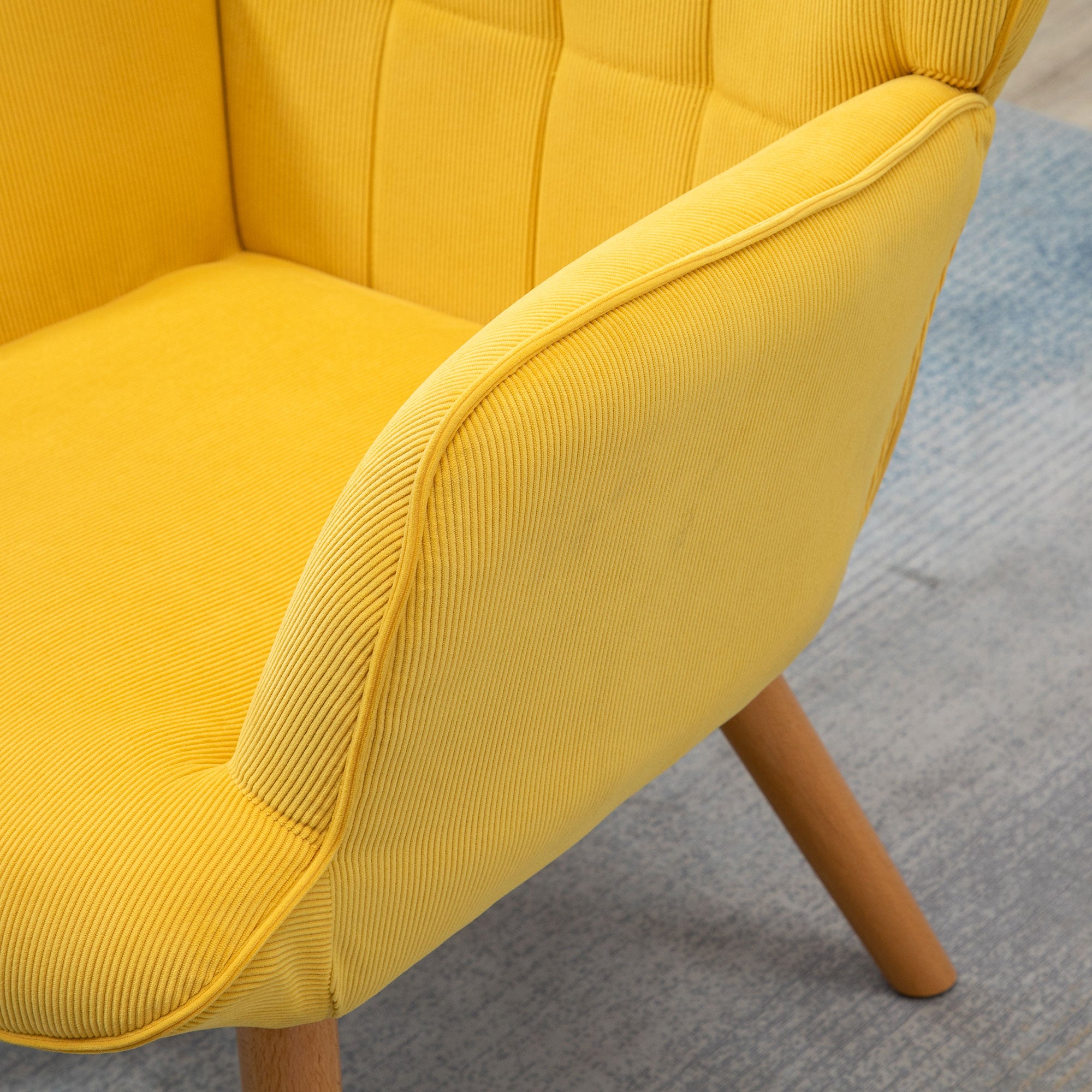 Armchair with Ottoman, Wingback Chair with High Backrest, Wood Legs, Lounge Chair with Tufted Design, Corduroy Look, for Living Room, Yellow