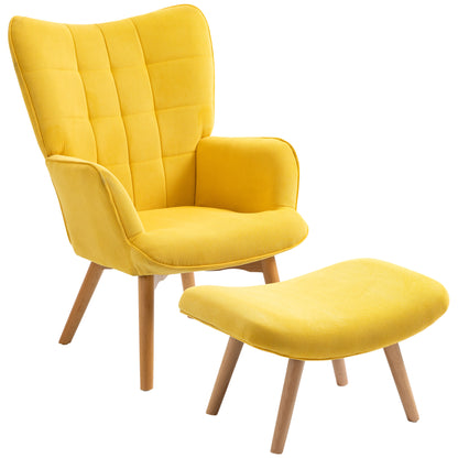 Armchair with Ottoman, Wingback Chair with High Backrest, Wood Legs, Lounge Chair with Tufted Design, Corduroy Look, for Living Room, Yellow