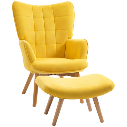 Armchair with Ottoman, Wingback Chair with High Backrest, Wood Legs, Lounge Chair with Tufted Design, Corduroy Look, for Living Room, Yellow