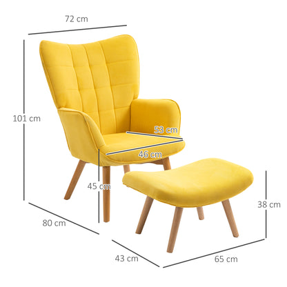 Armchair with Ottoman, Wingback Chair with High Backrest, Wood Legs, Lounge Chair with Tufted Design, Corduroy Look, for Living Room, Yellow