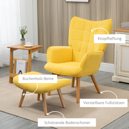 Armchair with Ottoman, Wingback Chair with High Backrest, Wood Legs, Lounge Chair with Tufted Design, Corduroy Look, for Living Room, Yellow