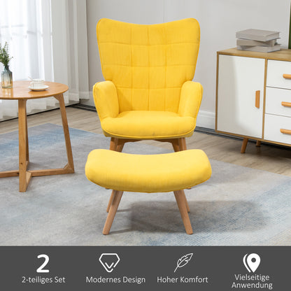 Armchair with Ottoman, Wingback Chair with High Backrest, Wood Legs, Lounge Chair with Tufted Design, Corduroy Look, for Living Room, Yellow