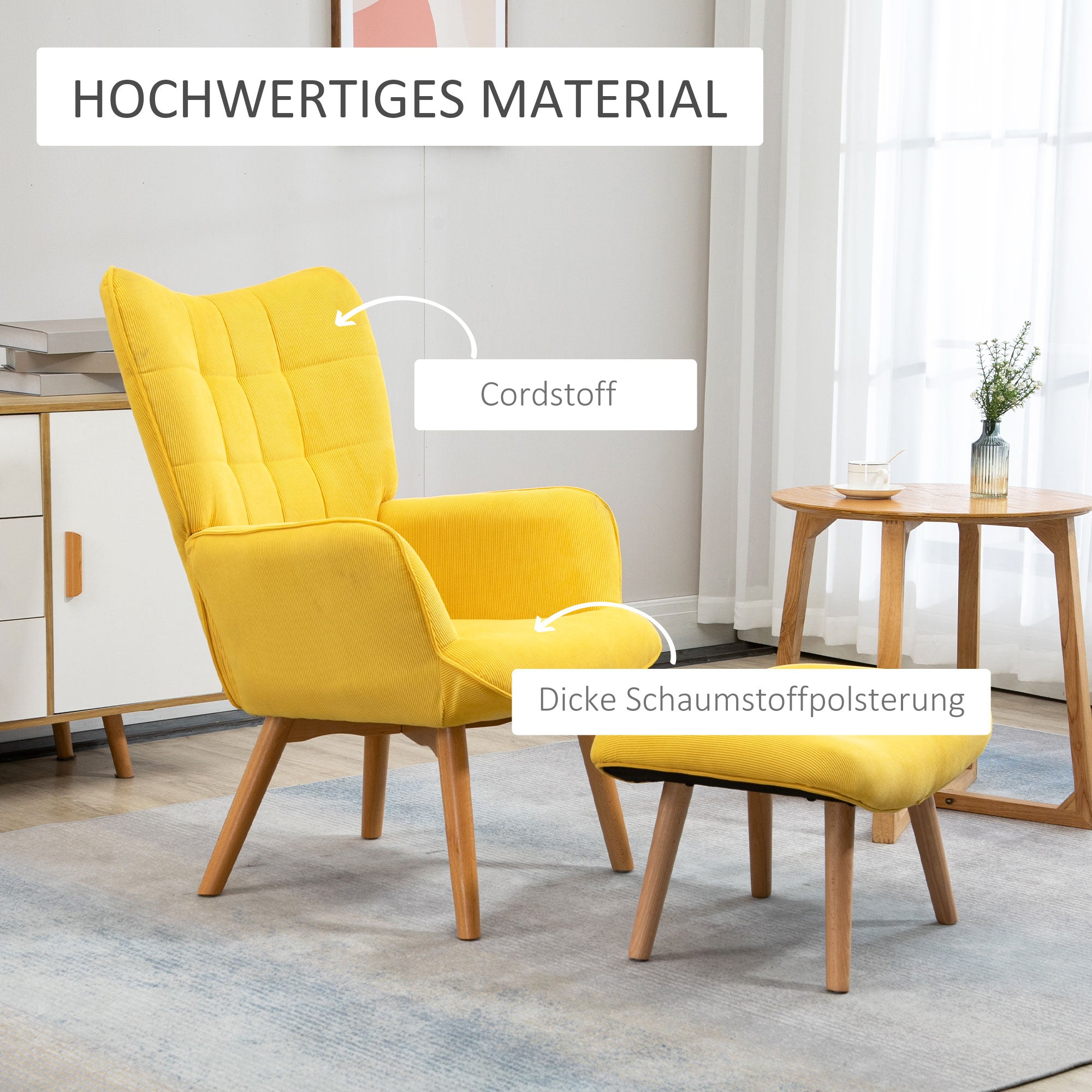 Armchair with Ottoman, Wingback Chair with High Backrest, Wood Legs, Lounge Chair with Tufted Design, Corduroy Look, for Living Room, Yellow