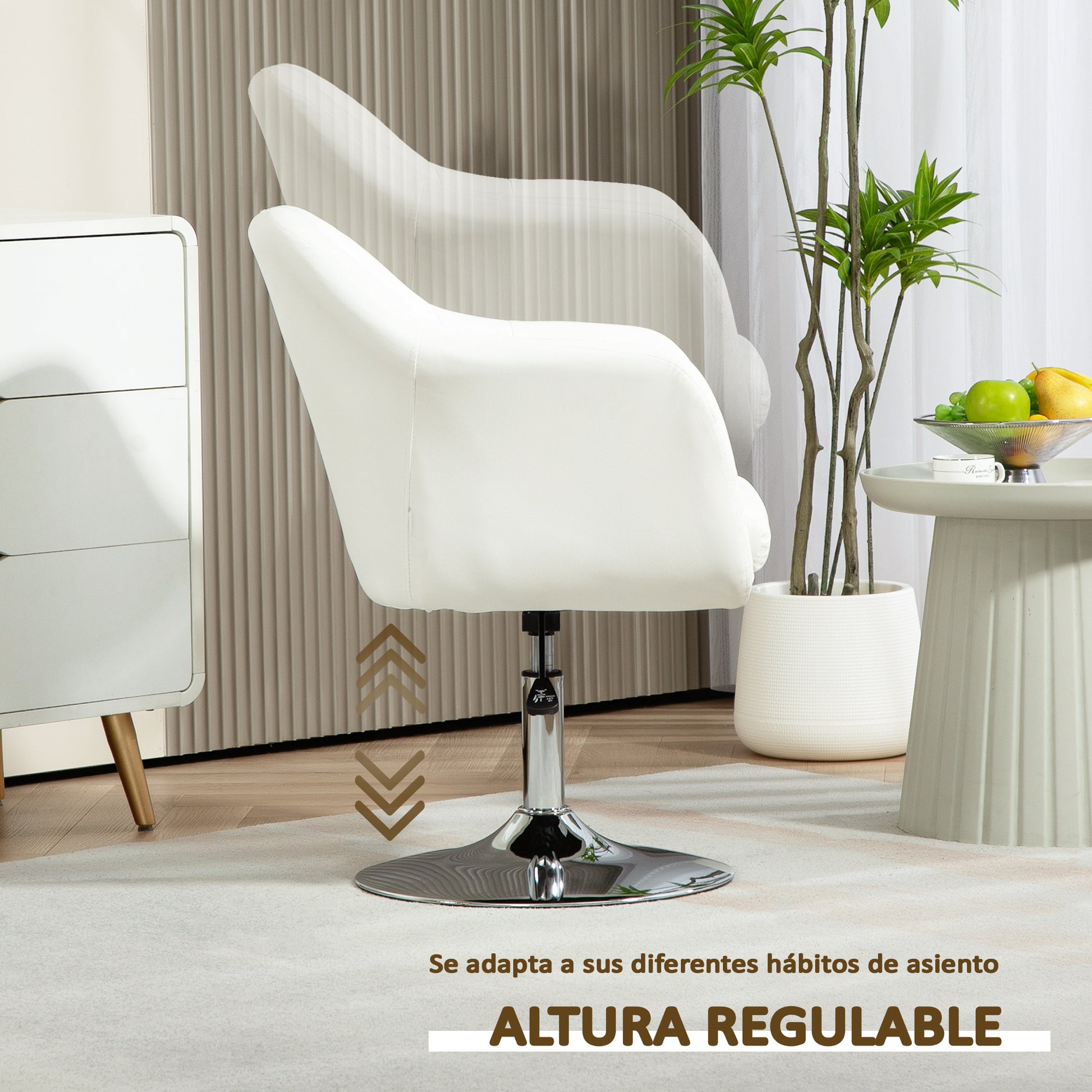 Modern Bedroom Armchair Swivel Living Room Armchair Upholstered in PU with Adjustable Height Armrests and Cushion Armchair for Living Room White