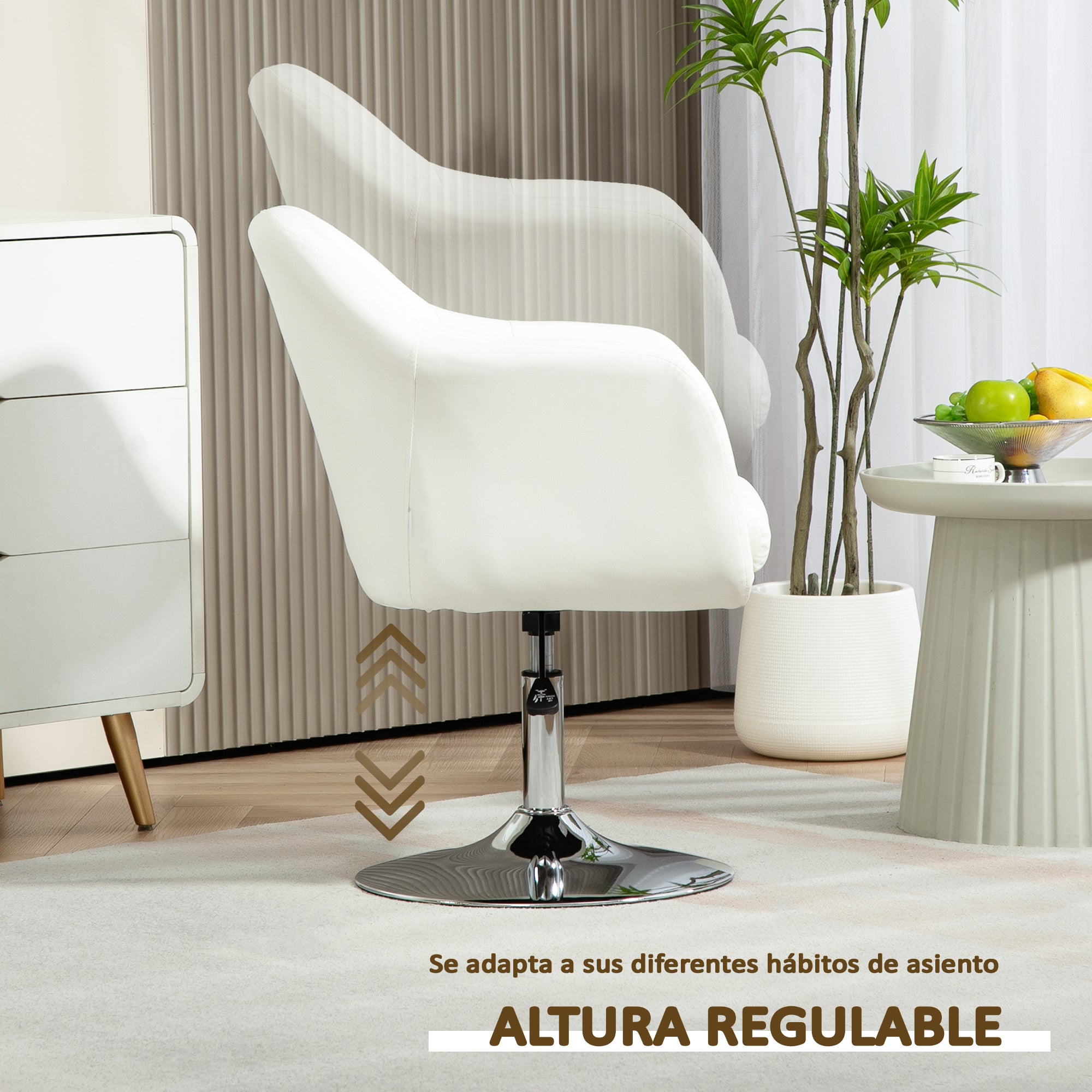Modern Bedroom Armchair Swivel Living Room Armchair Upholstered in PU with Adjustable Height Armrests and Cushion Armchair for Living Room White