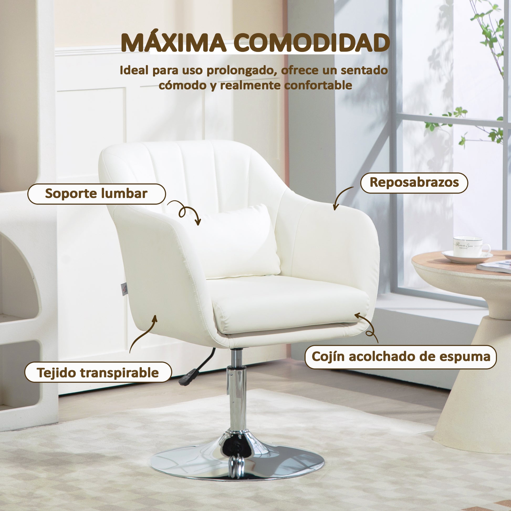 Modern Bedroom Armchair Swivel Living Room Armchair Upholstered in PU with Adjustable Height Armrests and Cushion Armchair for Living Room White